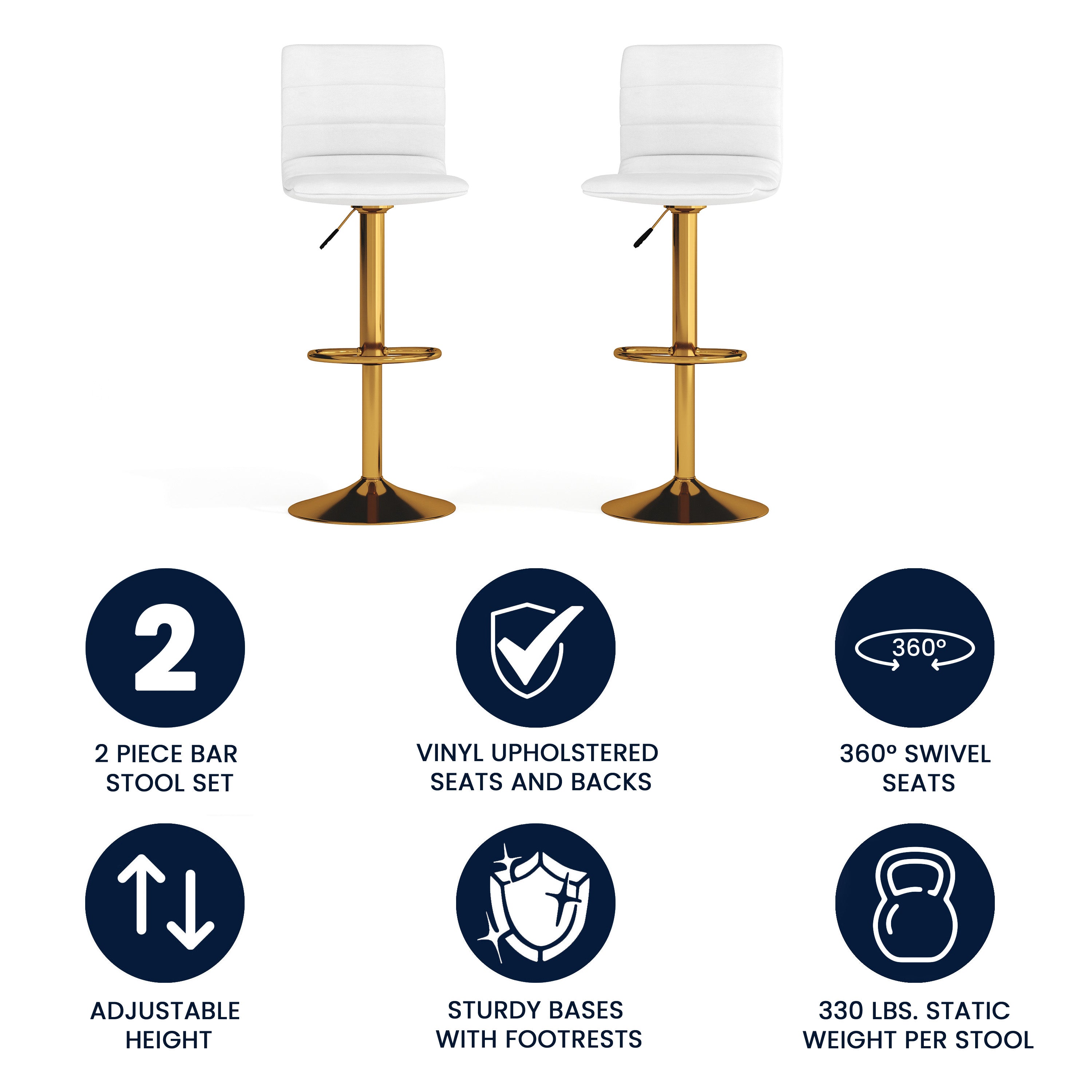 Vincent Modern White Vinyl Adjustable Bar Stool with Back, Counter Height Swivel Stool with Gold Pedestal Base, Set of 2