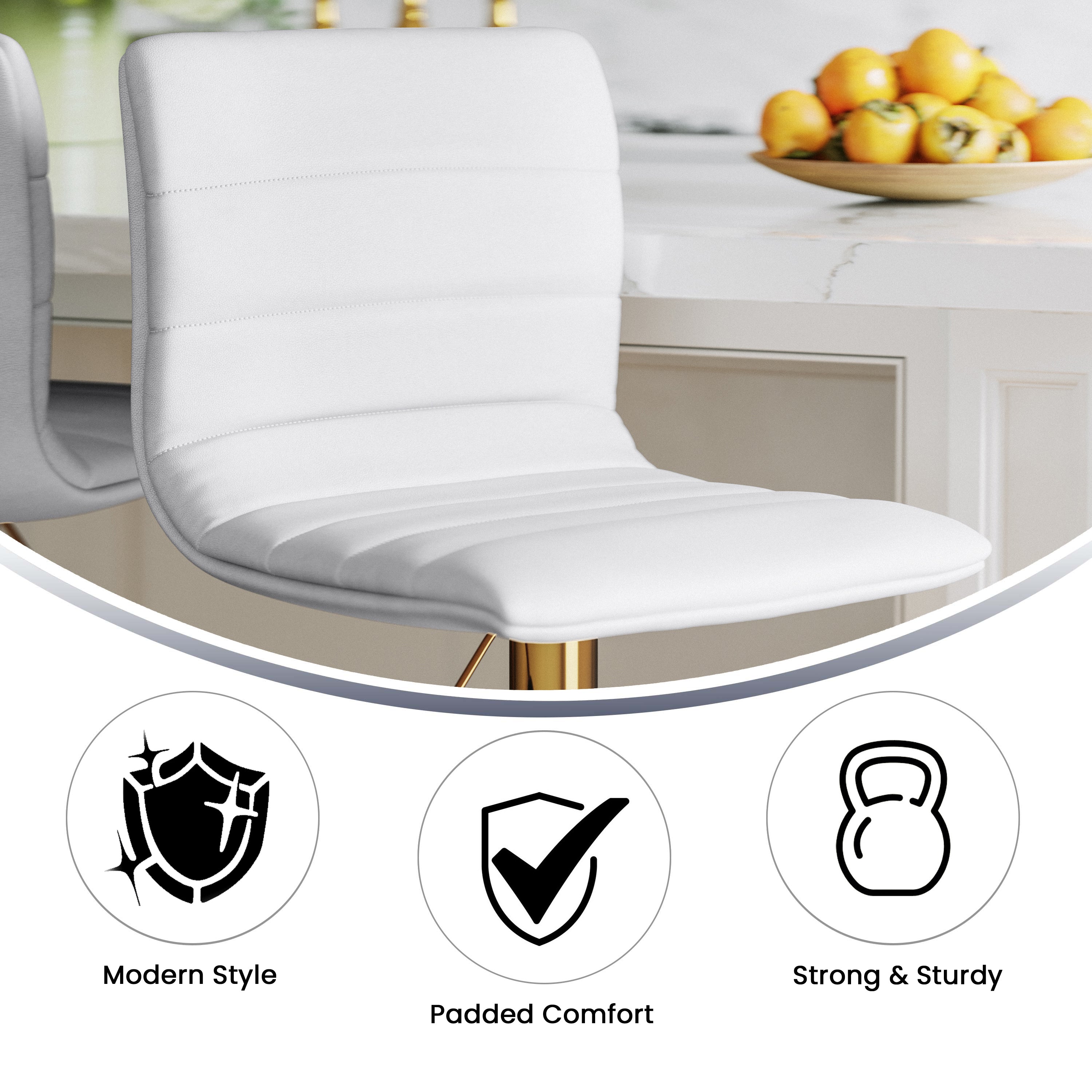 Vincent Modern White Vinyl Adjustable Bar Stool with Back, Counter Height Swivel Stool with Gold Pedestal Base, Set of 2