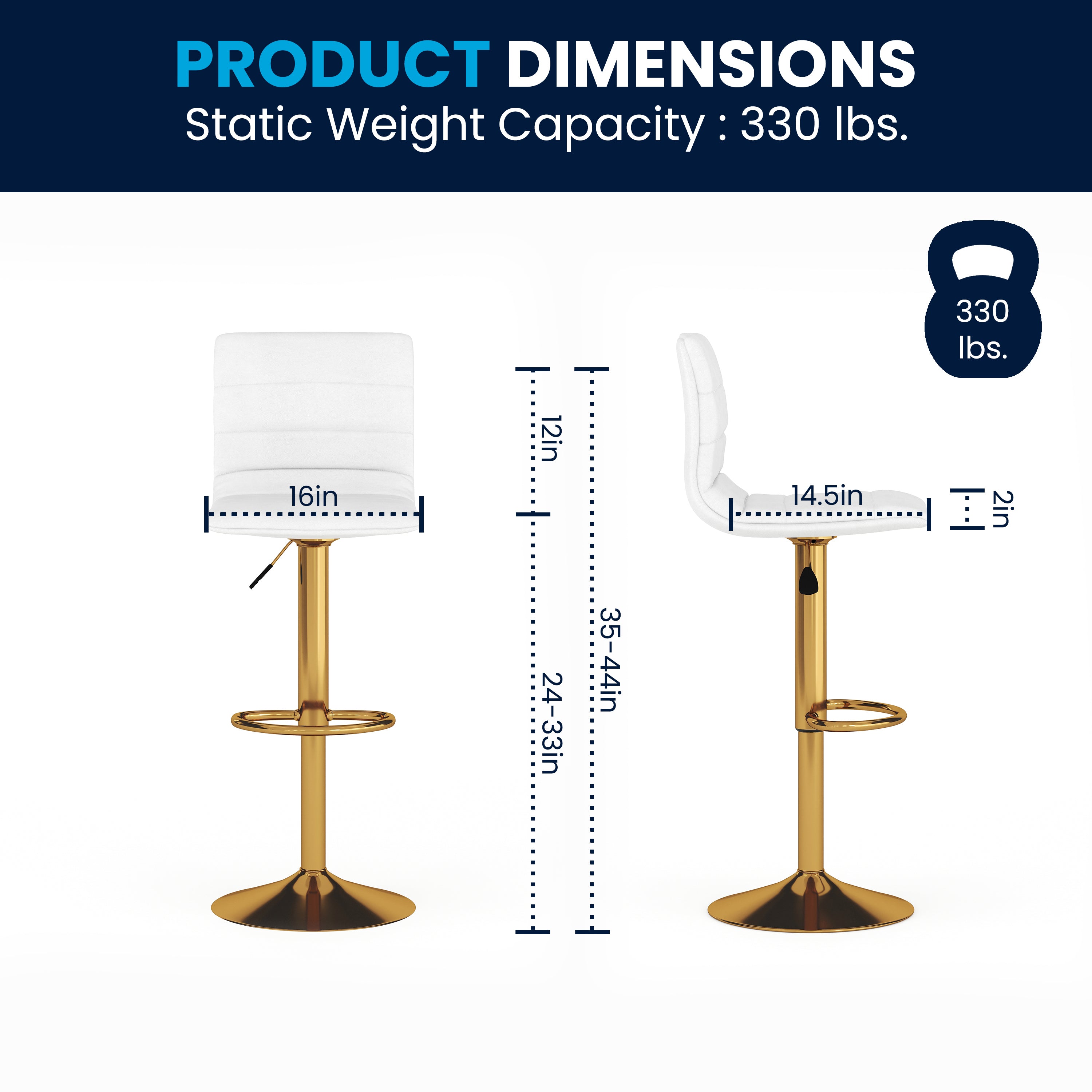 Vincent Modern White Vinyl Adjustable Bar Stool with Back, Counter Height Swivel Stool with Gold Pedestal Base, Set of 2