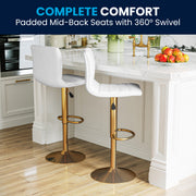 Vincent Modern White Vinyl Adjustable Bar Stool with Back, Counter Height Swivel Stool with Gold Pedestal Base, Set of 2