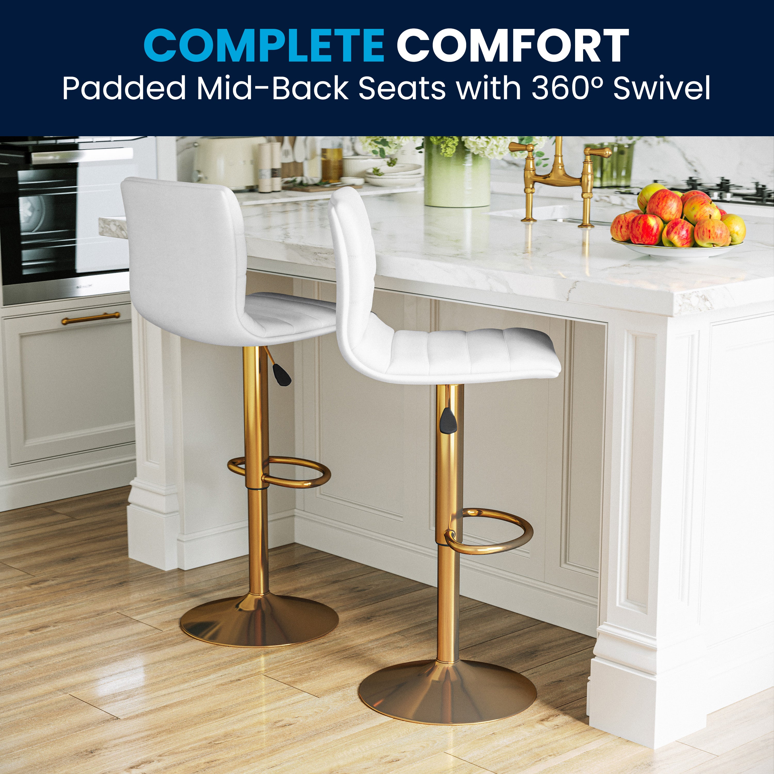 Vincent Modern White Vinyl Adjustable Bar Stool with Back, Counter Height Swivel Stool with Gold Pedestal Base, Set of 2