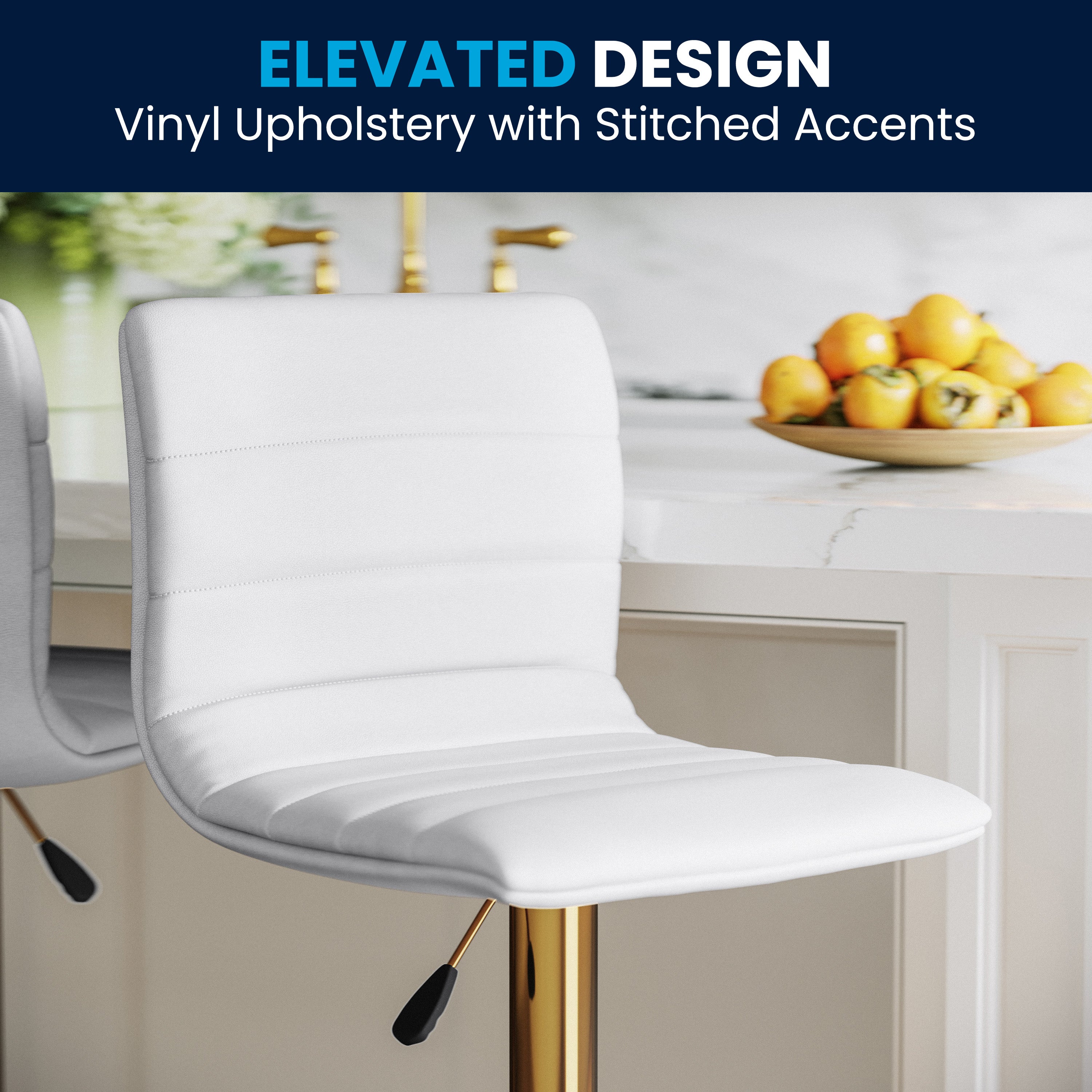Vincent Modern White Vinyl Adjustable Bar Stool with Back, Counter Height Swivel Stool with Gold Pedestal Base, Set of 2