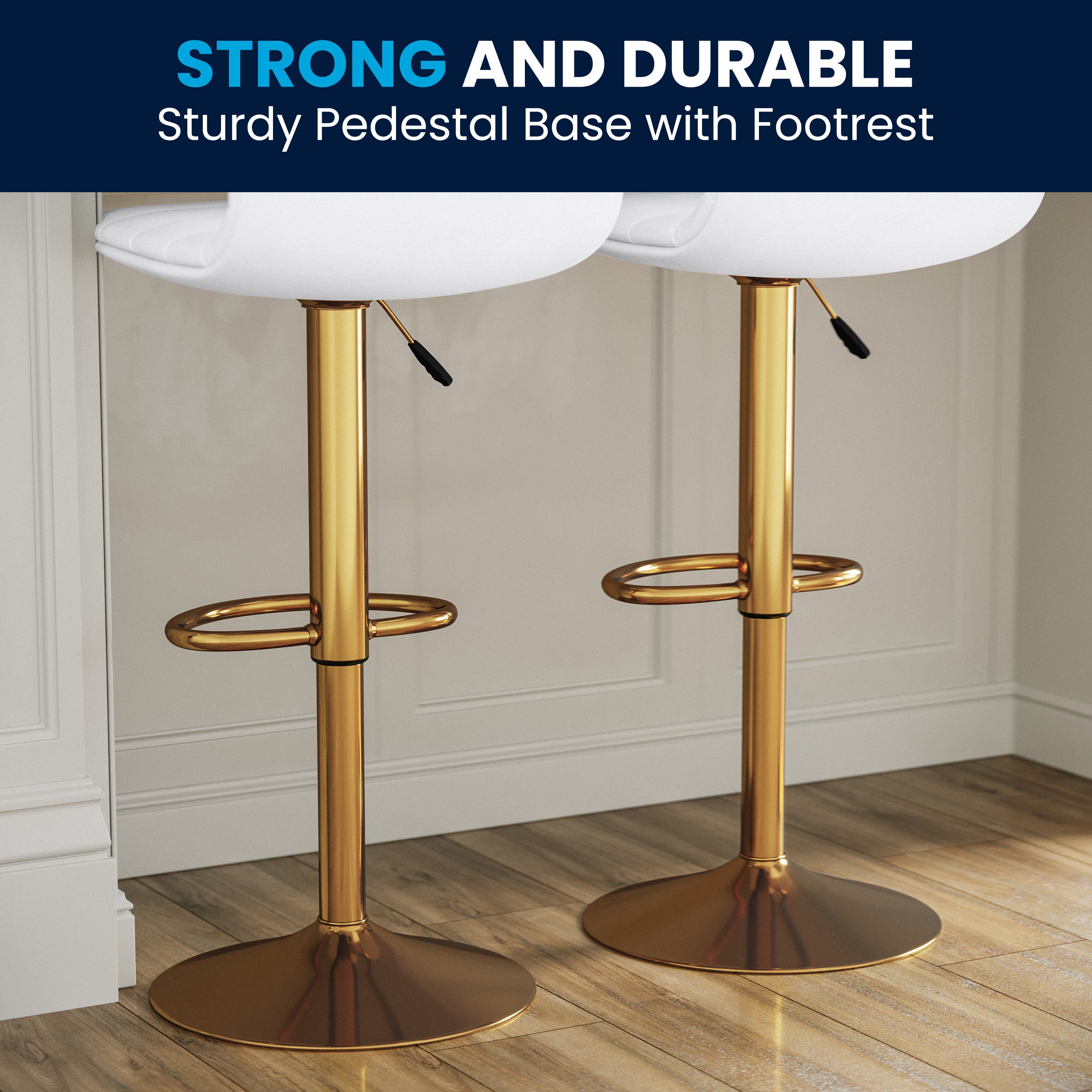 Vincent Modern White Vinyl Adjustable Bar Stool with Back, Counter Height Swivel Stool with Gold Pedestal Base, Set of 2