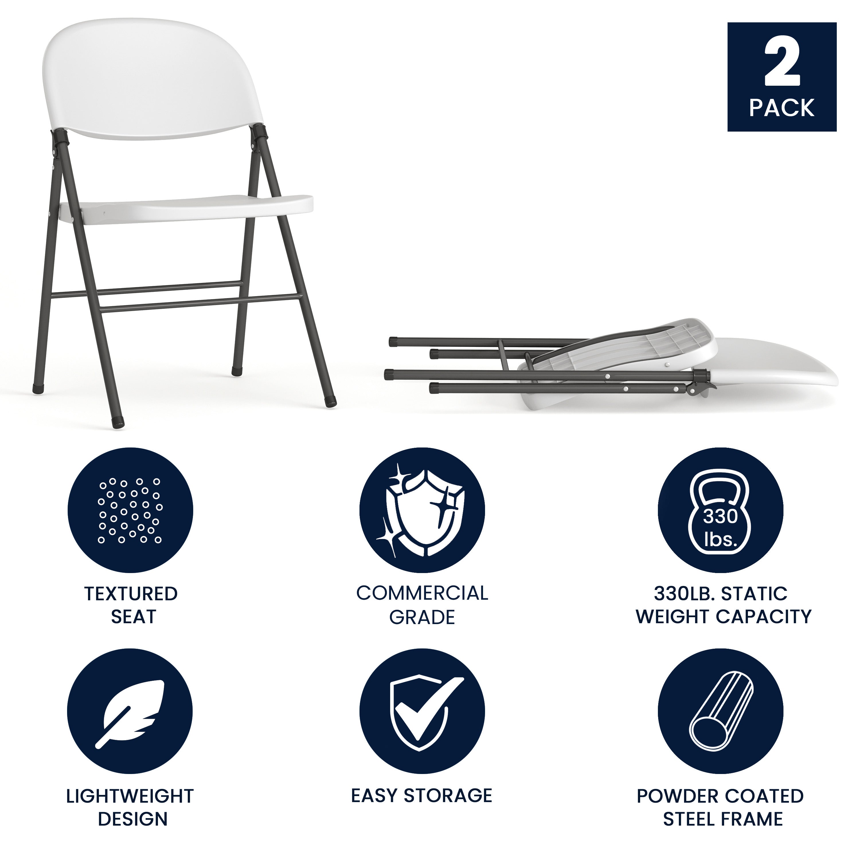 2 Pack HERCULES Series 330 lb. Capacity Granite White Plastic Folding Chair with Charcoal Frame