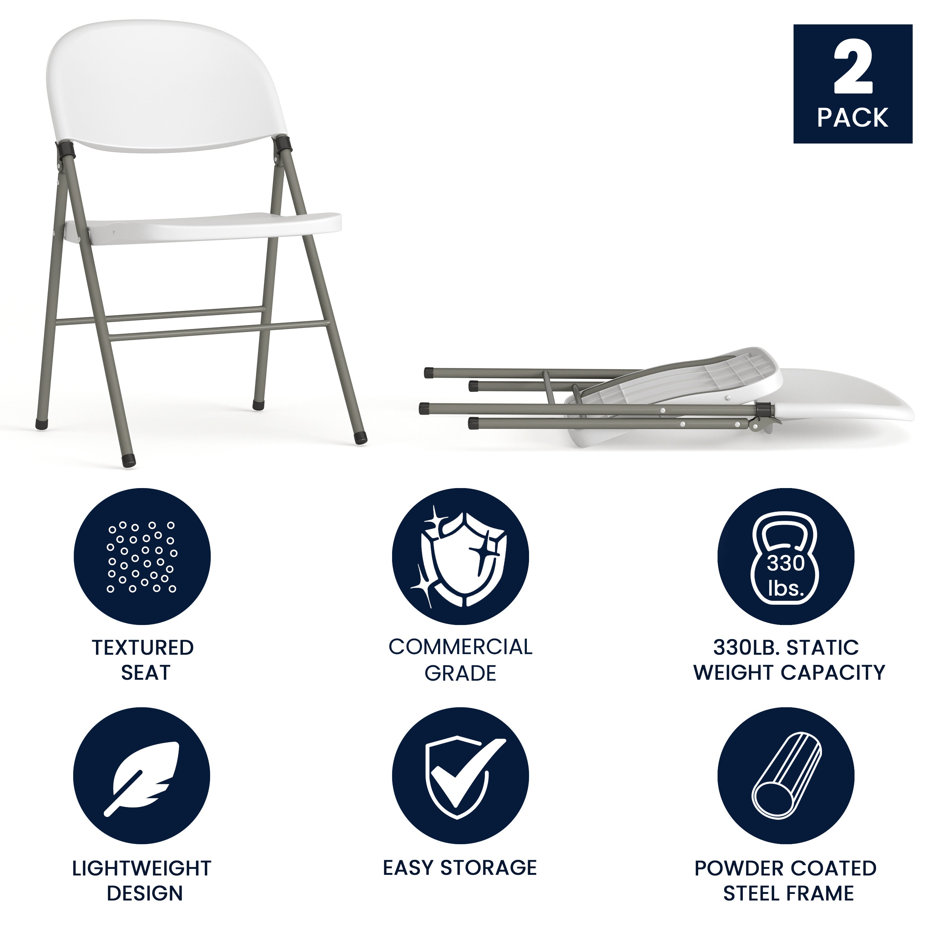 HERCULES Series White Plastic Folding Chairs | Set of 2 Lightweight Folding Chairs with Gray Frame