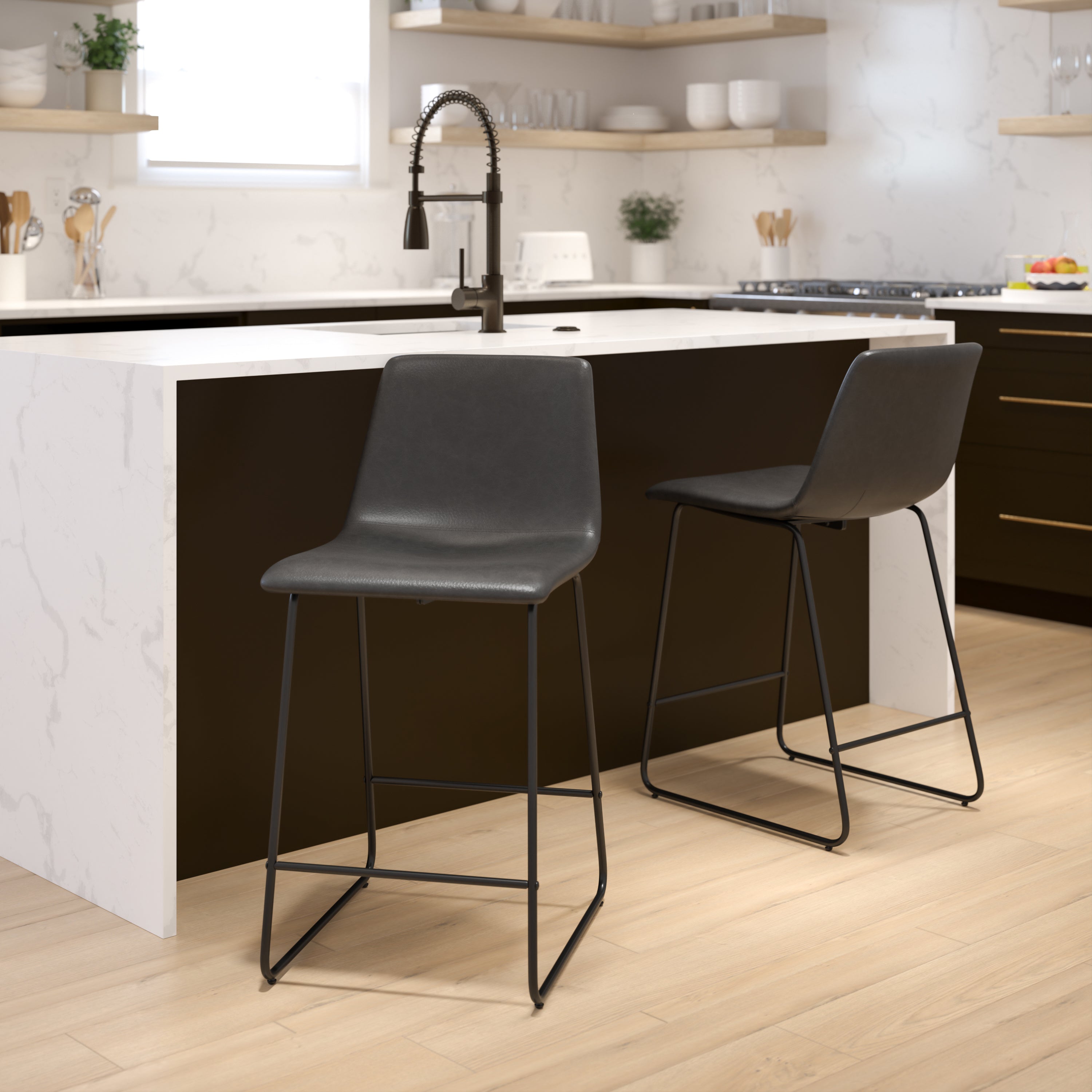 Reagan 24 Inch Commercial Grade LeatherSoft Counter Height Barstools in Dark Gray, Set of 2