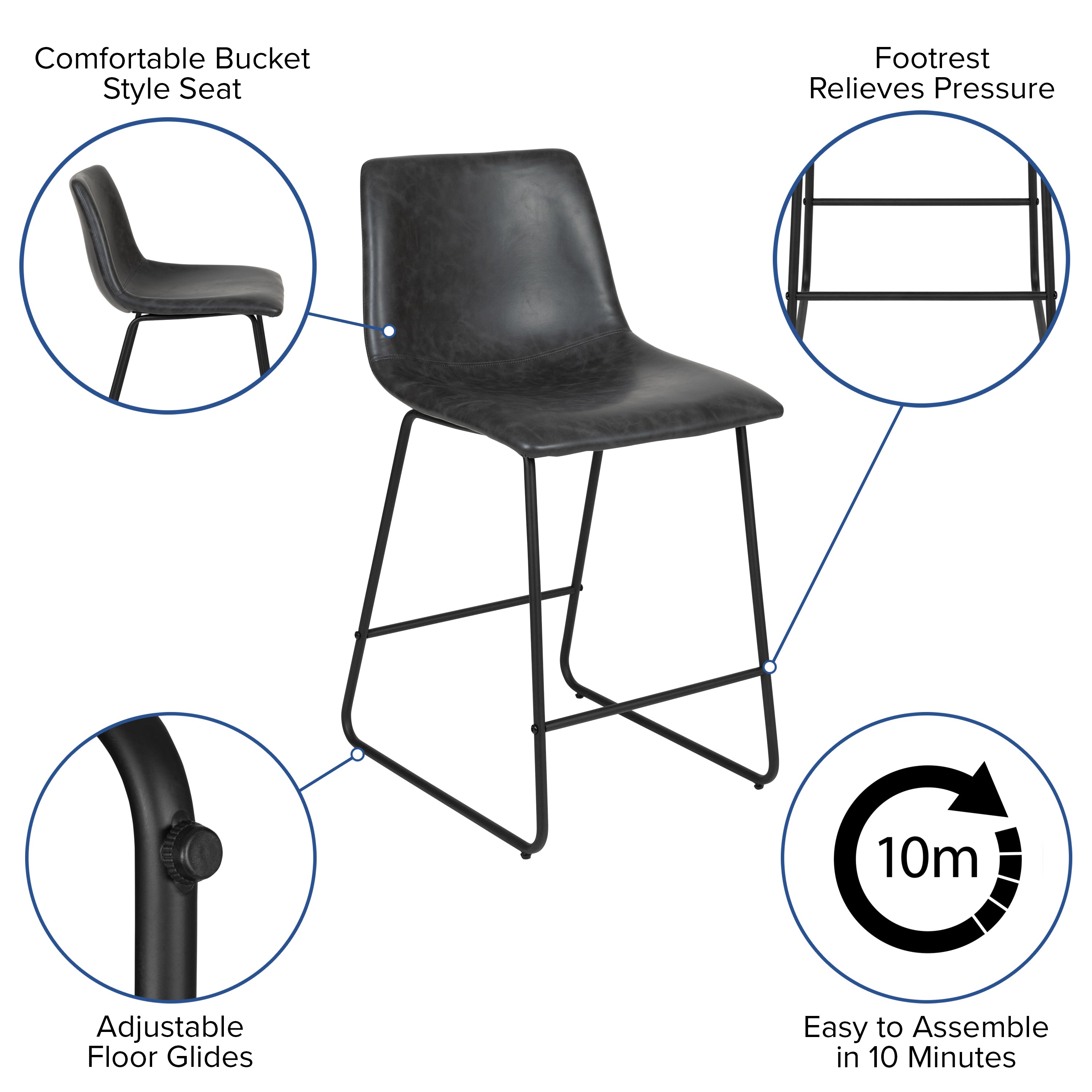 Reagan 24 Inch Commercial Grade LeatherSoft Counter Height Barstools in Dark Gray, Set of 2