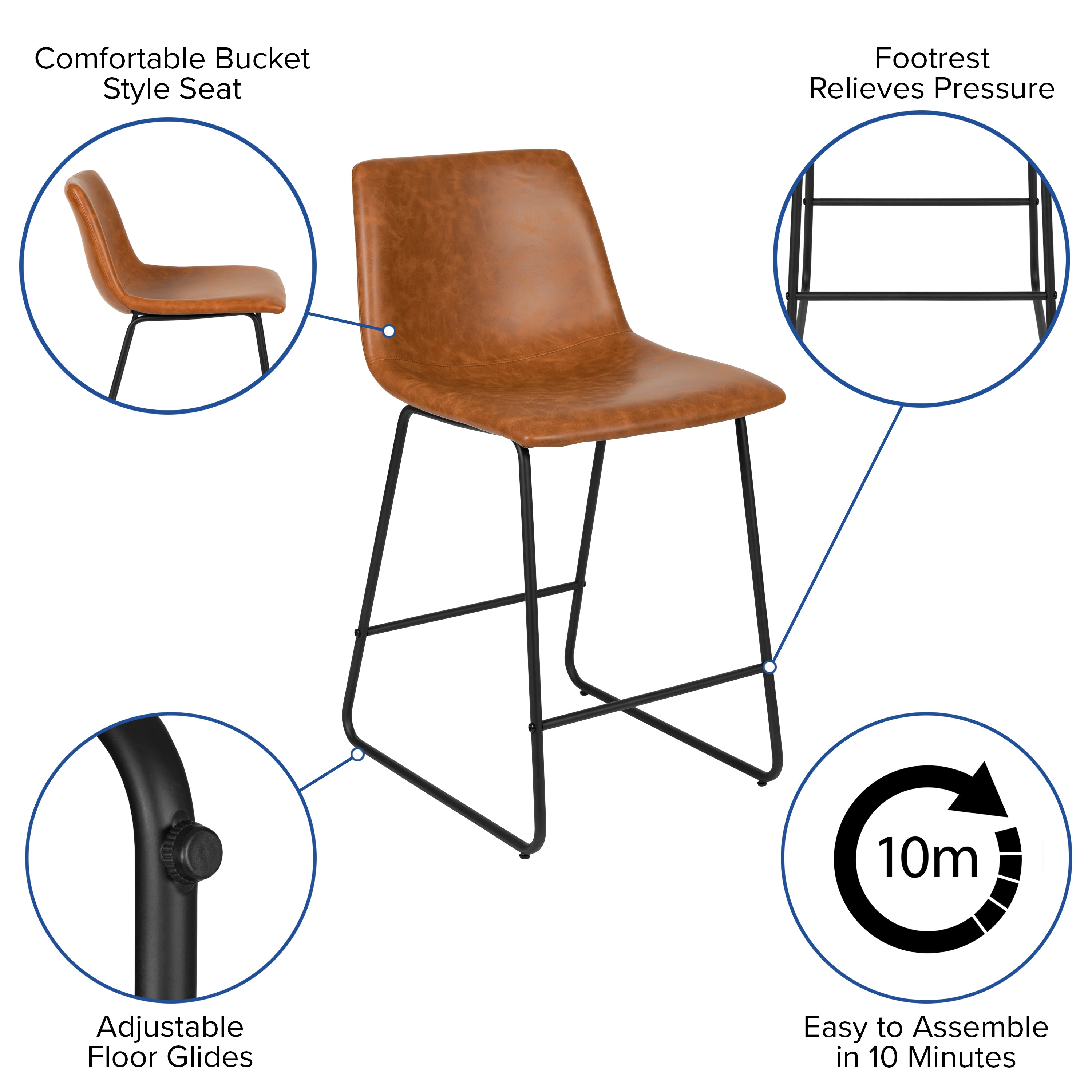 Reagan 24 Inch Commercial Grade LeatherSoft Counter Height Barstools in Light Brown, Set of 2