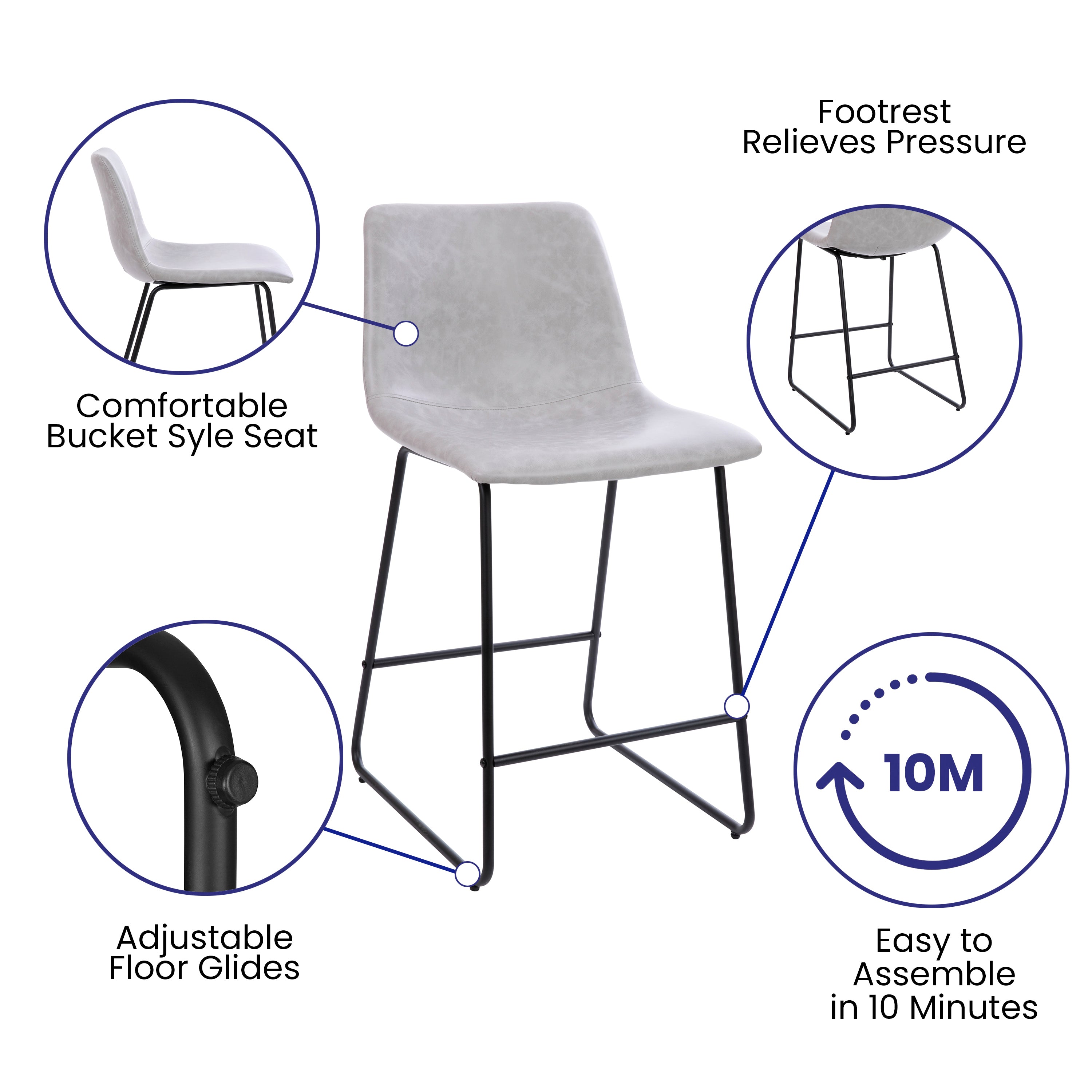 Reagan 24 inch LeatherSoft Counter Height Barstools in Light Gray, Set of 2