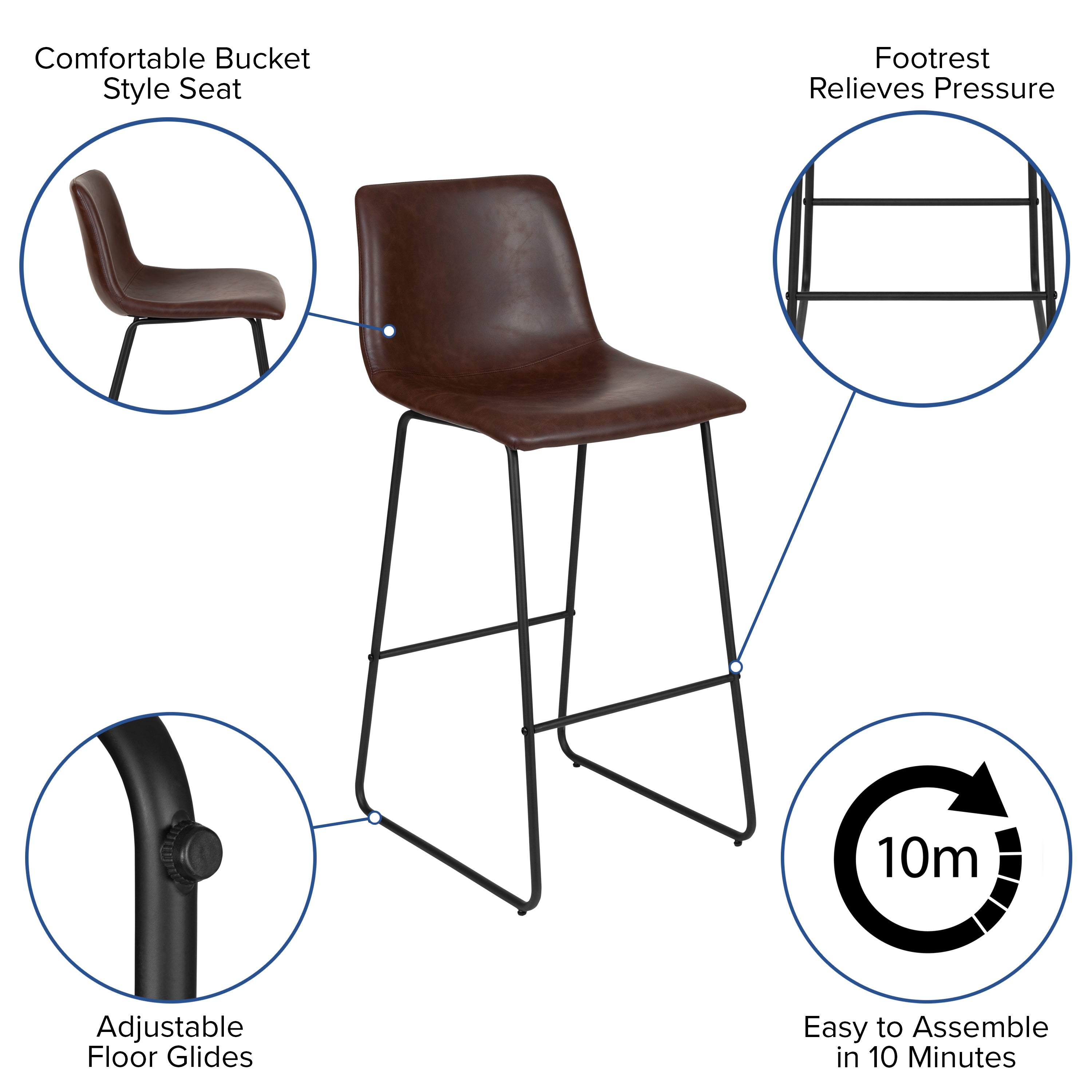 Reagan 30 Inch Commercial Grade LeatherSoft Bar Height Barstools in Dark Brown, Set of 2