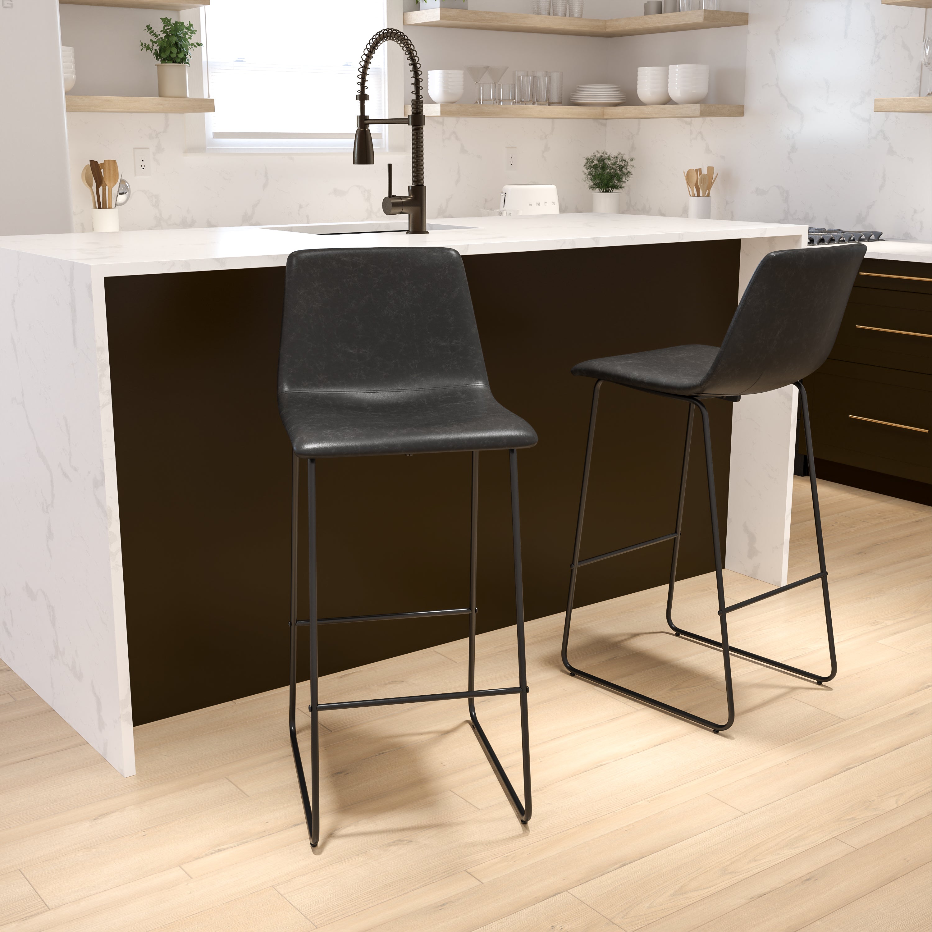 Reagan 30 Inch Commercial Grade LeatherSoft Bar Height Barstools in Dark Gray, Set of 2