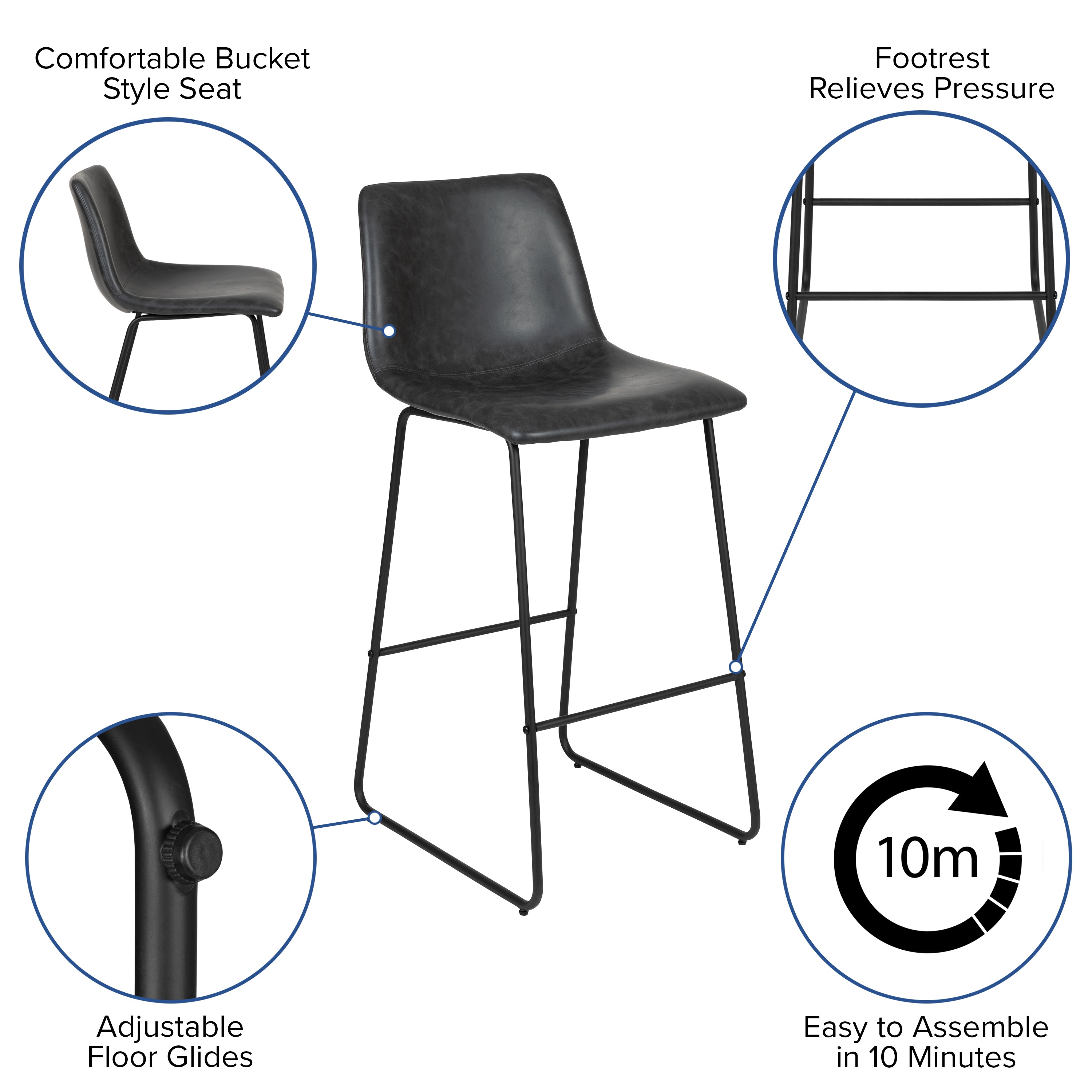 Reagan 30 Inch Commercial Grade LeatherSoft Bar Height Barstools in Dark Gray, Set of 2