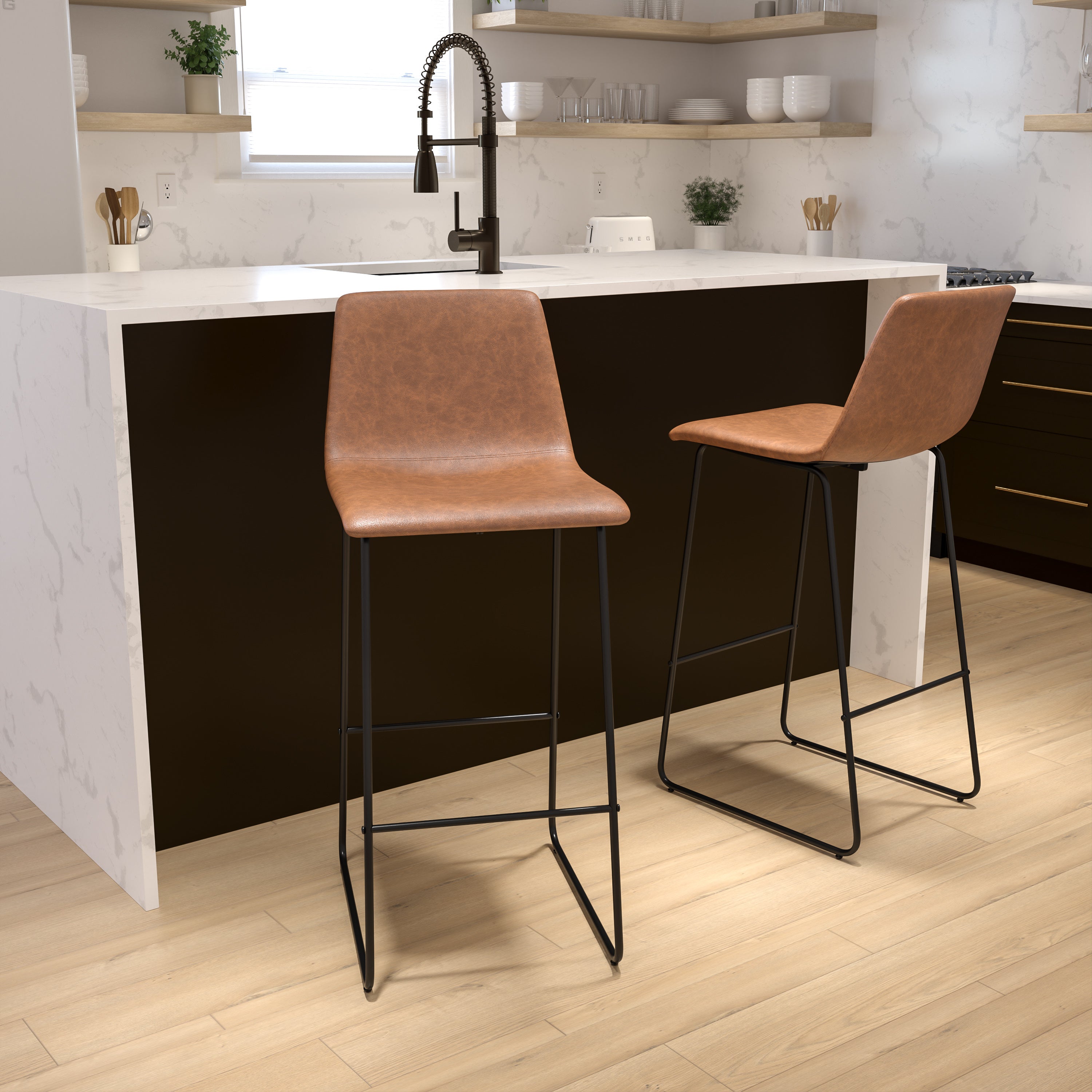 Reagan 30 Inch Commercial Grade LeatherSoft Bar Height Barstools in Light Brown, Set of 2