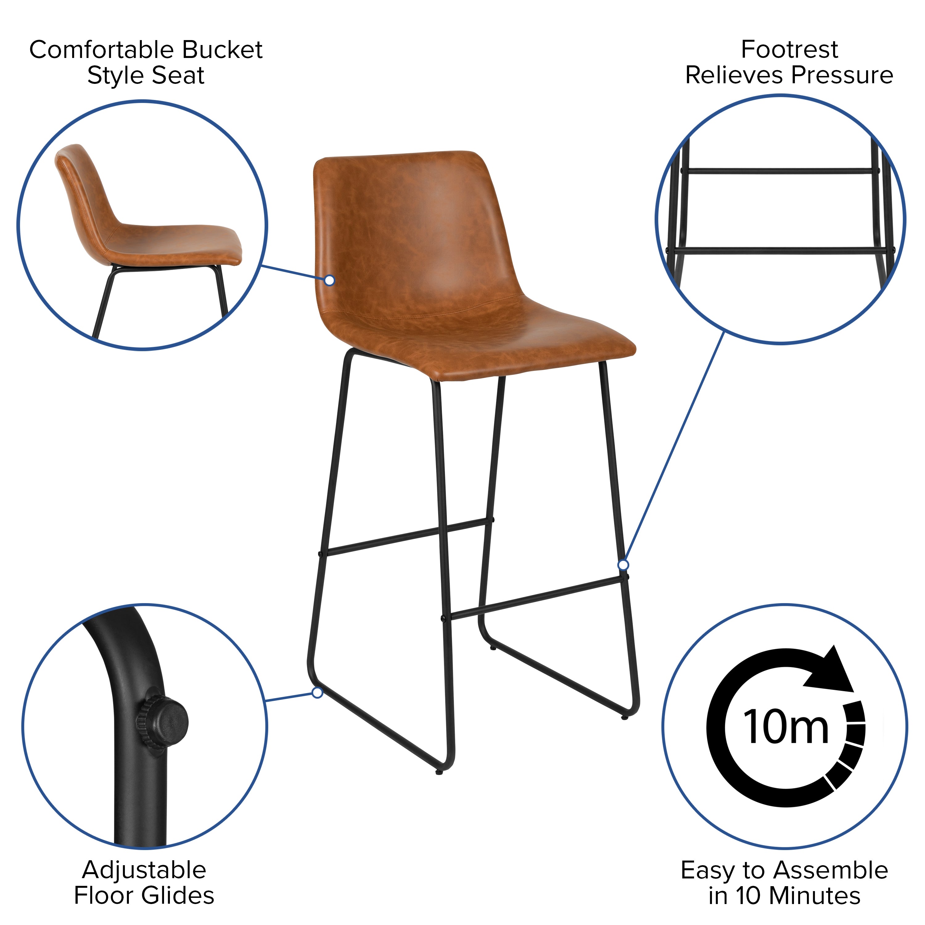 Reagan 30 Inch Commercial Grade LeatherSoft Bar Height Barstools in Light Brown, Set of 2