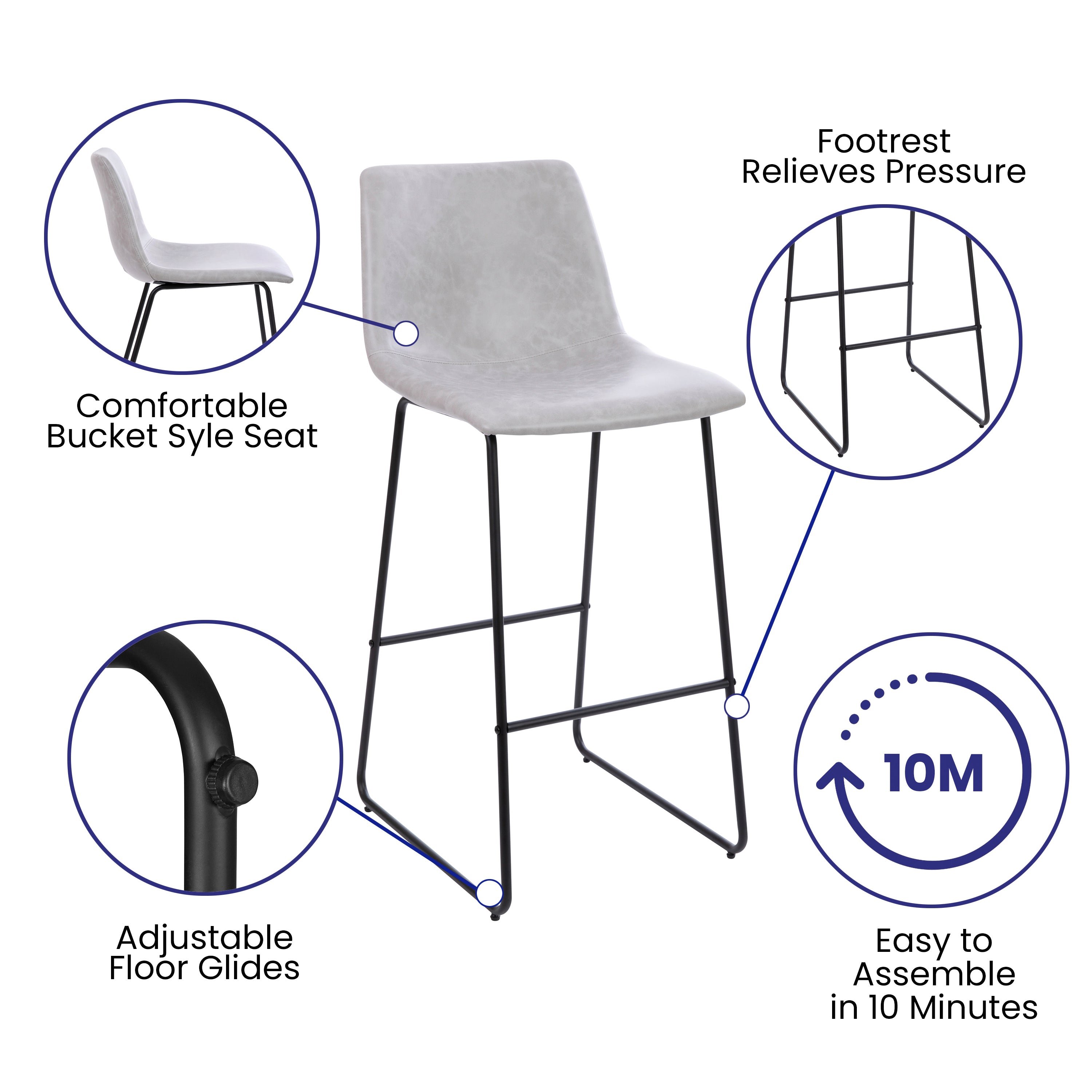 Reagan 30 inch LeatherSoft Bar Height Barstools in Light Gray, Set of 2