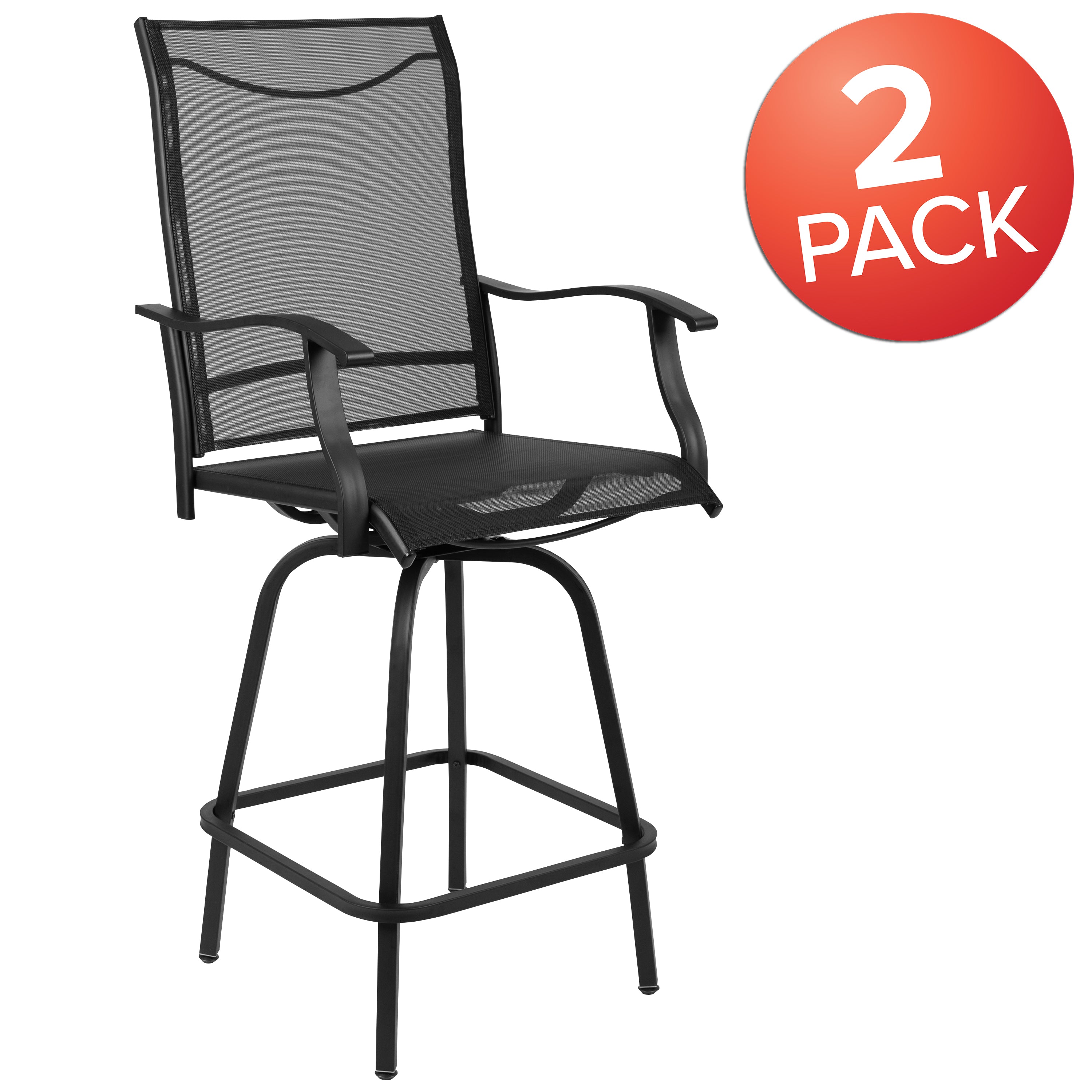 Valerie Patio Bar Height Stools Set of 2, All-Weather Textilene Swivel Patio Stools with High Back & Armrests in Black