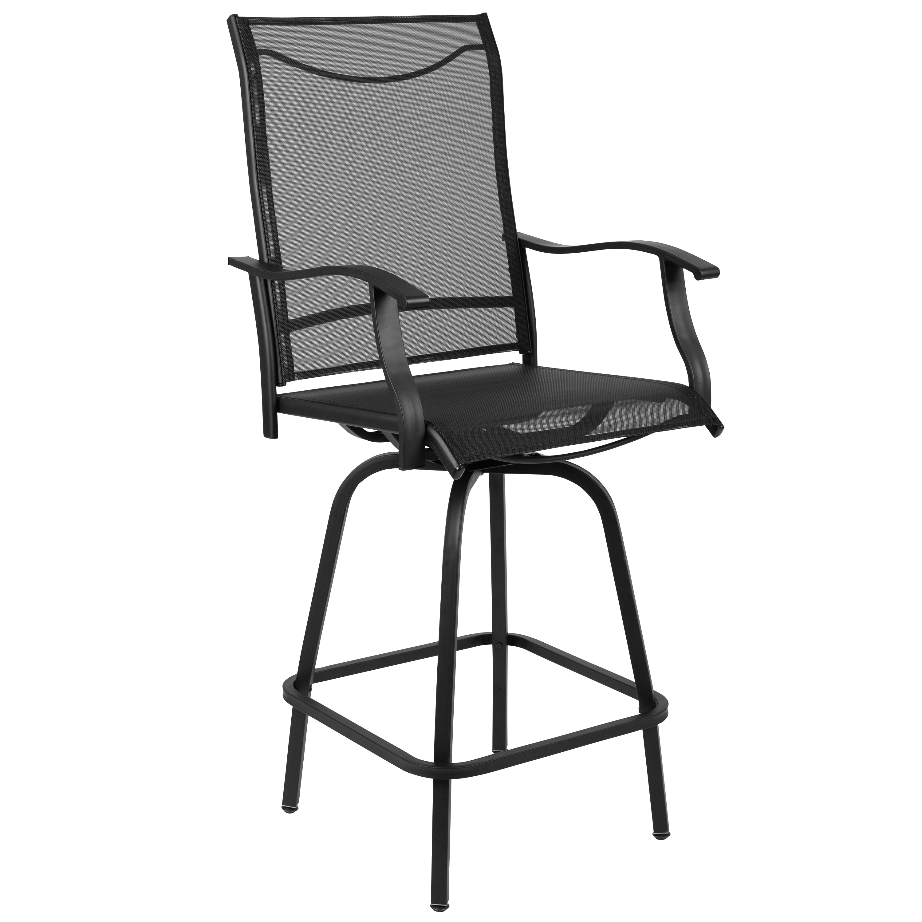 Valerie Patio Bar Height Stools Set of 2, All-Weather Textilene Swivel Patio Stools with High Back & Armrests in Black