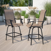 Valerie Patio Bar Height Stools Set of 2, All-Weather Textilene Swivel Patio Stools with High Back & Armrests in Brown