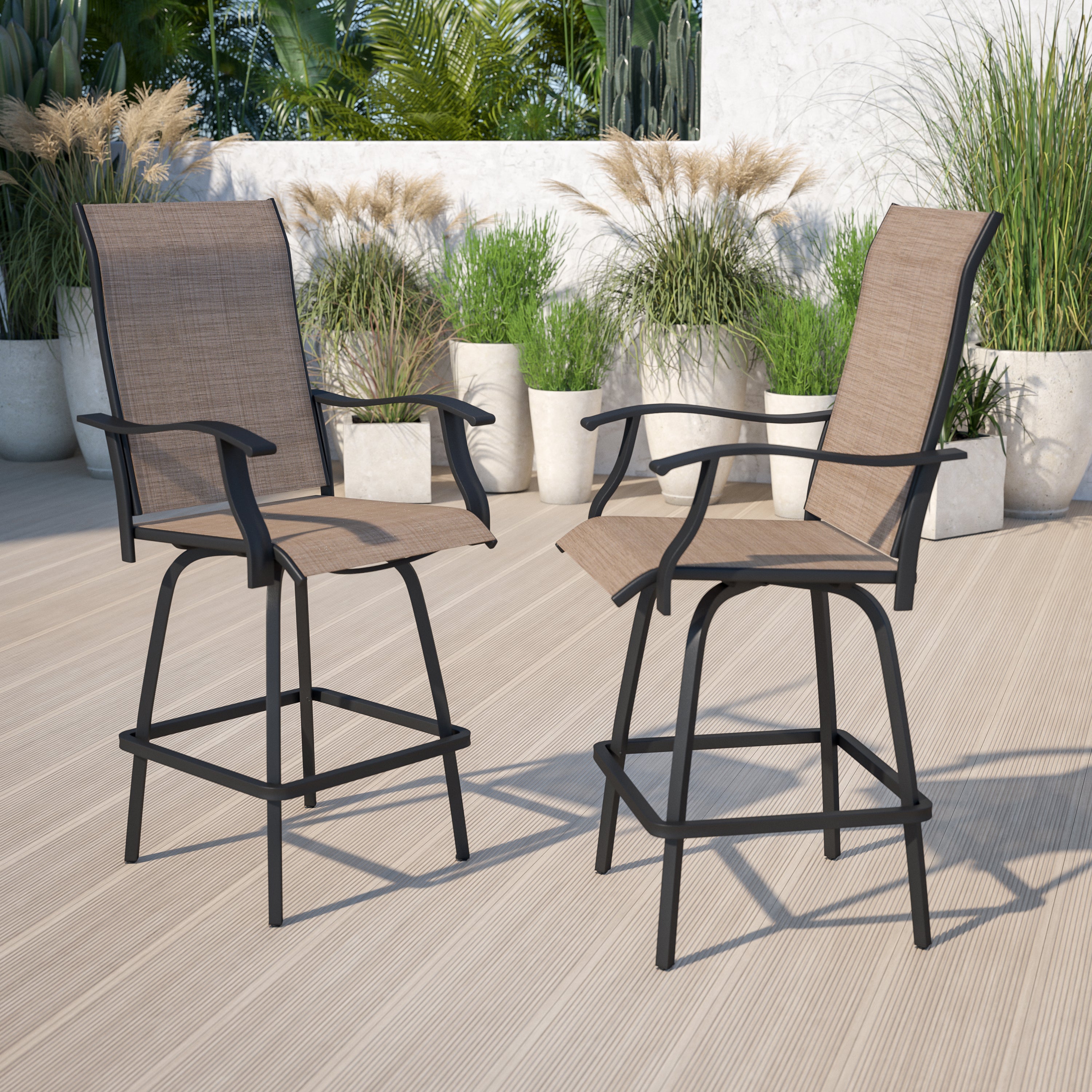 Valerie Patio Bar Height Stools Set of 2, All-Weather Textilene Swivel Patio Stools with High Back & Armrests in Brown