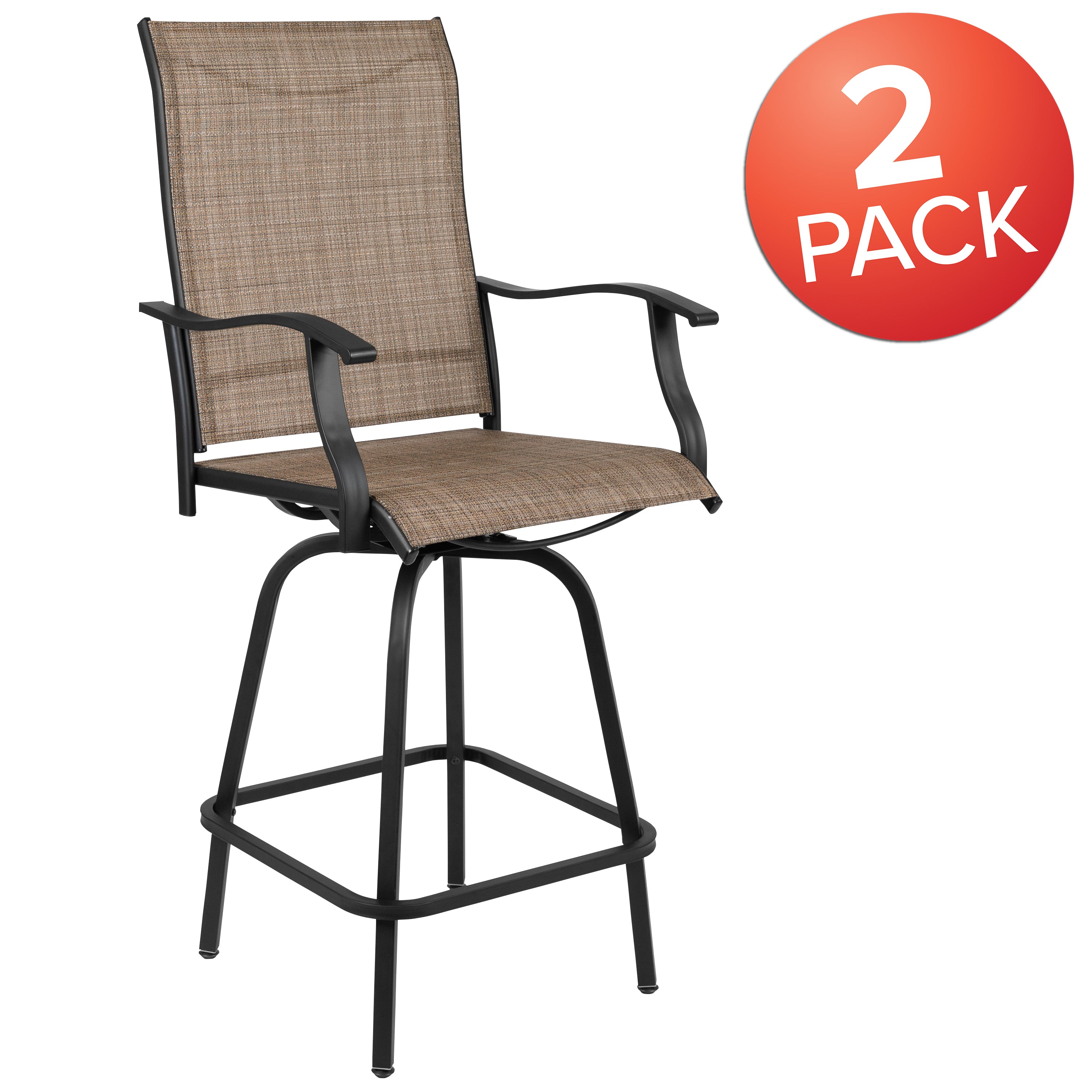 Valerie Patio Bar Height Stools Set of 2, All-Weather Textilene Swivel Patio Stools with High Back & Armrests in Brown
