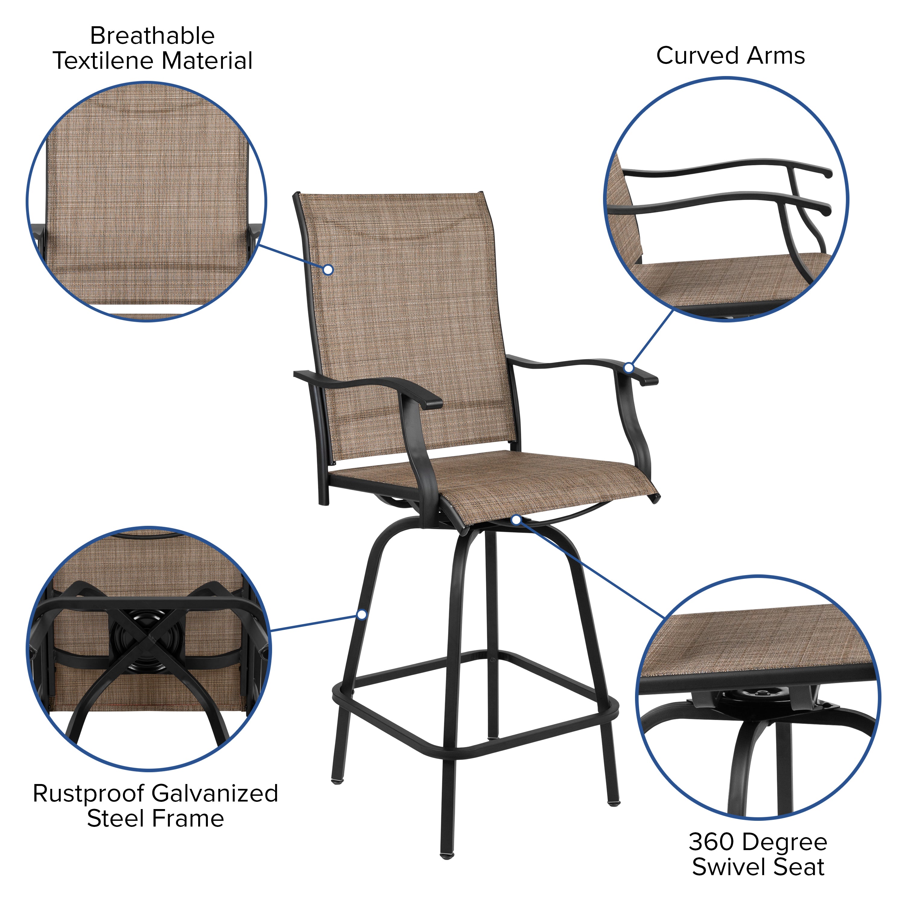 Valerie Patio Bar Height Stools Set of 2, All-Weather Textilene Swivel Patio Stools with High Back & Armrests in Brown
