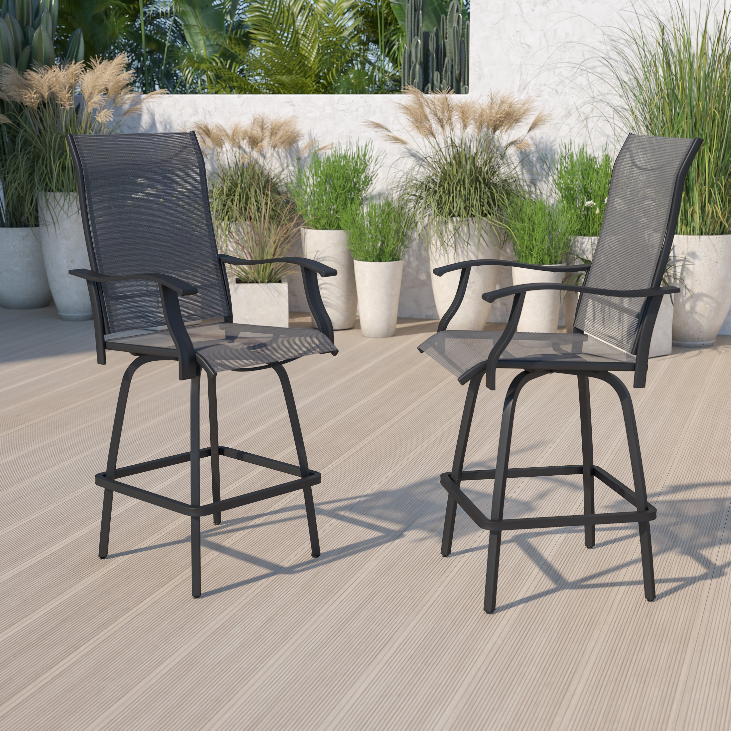 Valerie Patio Bar Height Stools Set of 2, All-Weather Textilene Swivel Patio Stools with High Back & Armrests in Gray