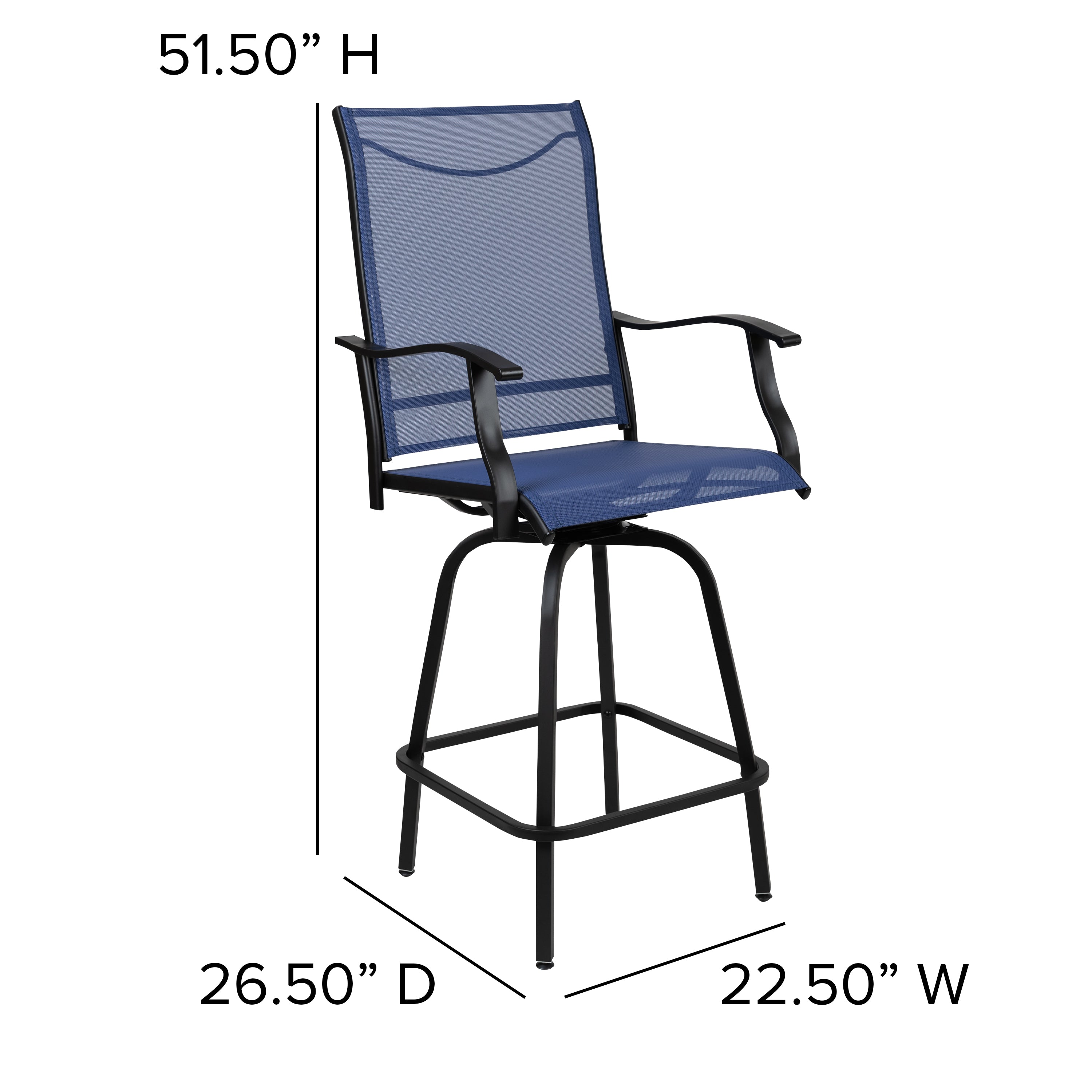 Valerie Patio Bar Height Stools Set of 2, All-Weather Textilene Swivel Patio Stools with High Back & Armrests in Navy