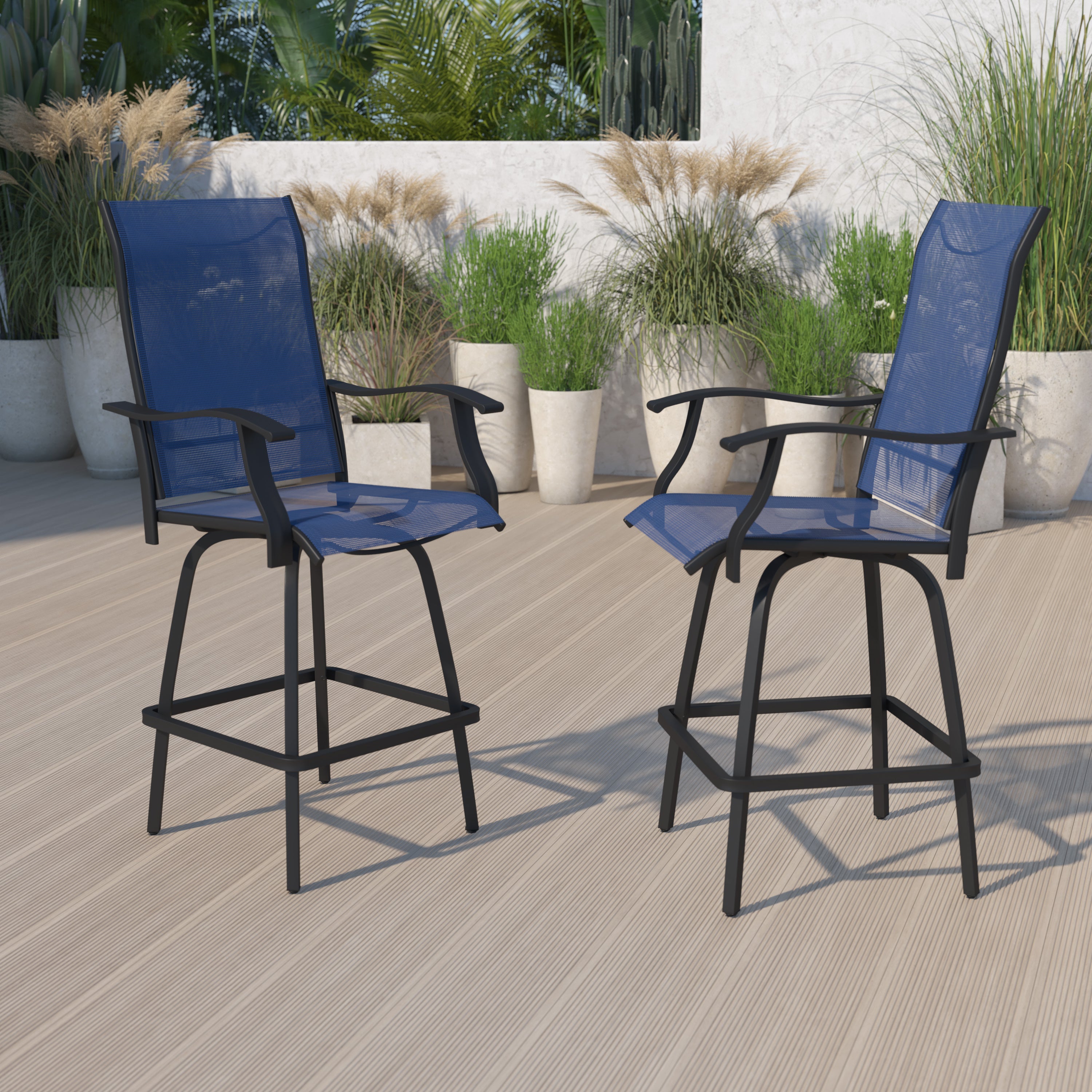Valerie Patio Bar Height Stools Set of 2, All-Weather Textilene Swivel Patio Stools with High Back & Armrests in Navy