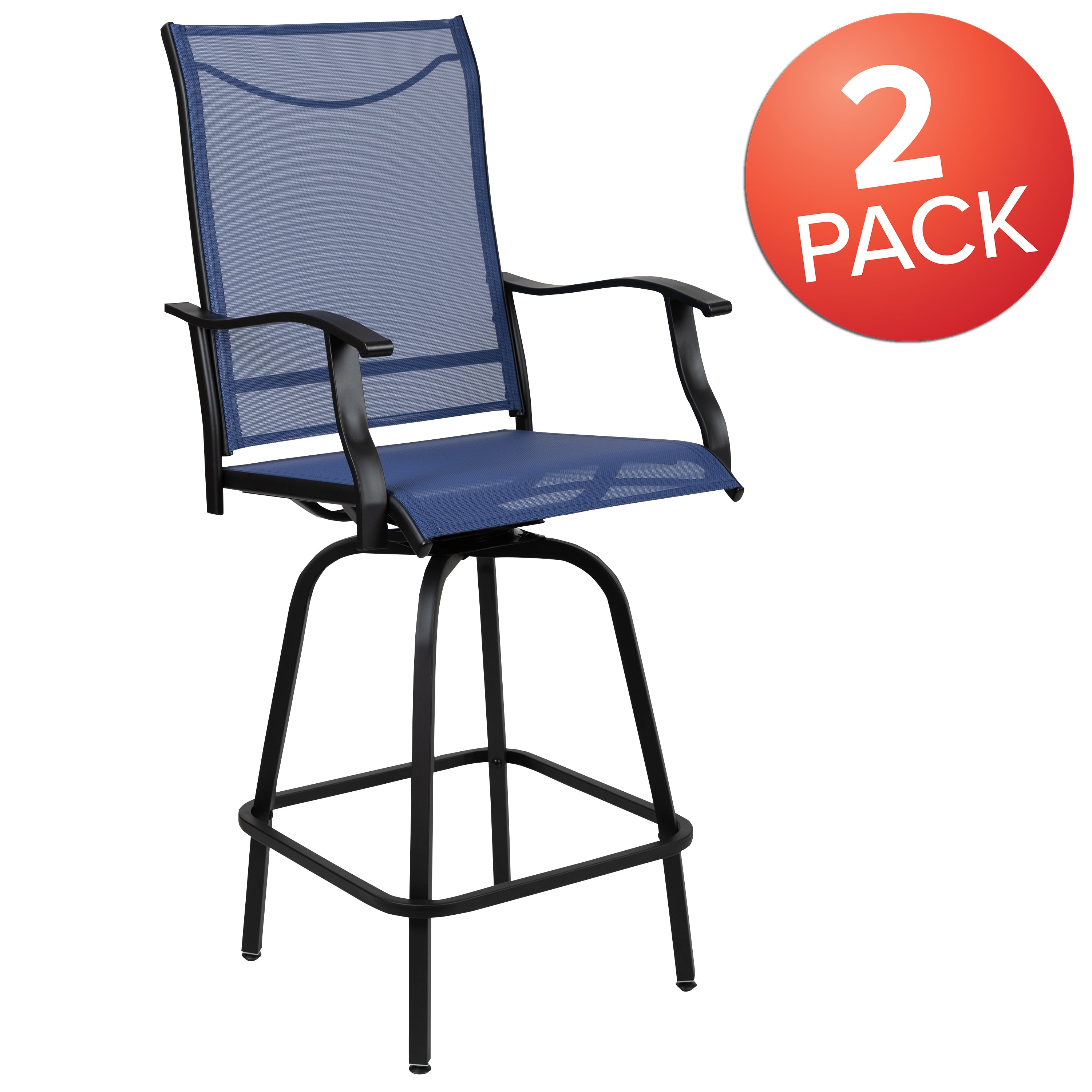 Valerie Patio Bar Height Stools Set of 2, All-Weather Textilene Swivel Patio Stools with High Back & Armrests in Navy