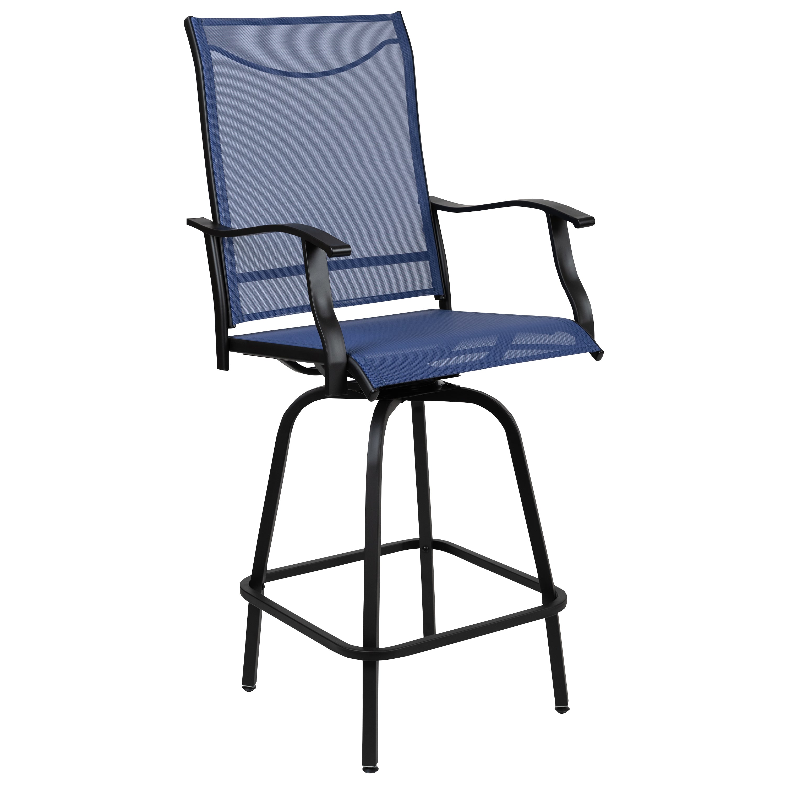 Valerie Patio Bar Height Stools Set of 2, All-Weather Textilene Swivel Patio Stools with High Back & Armrests in Navy