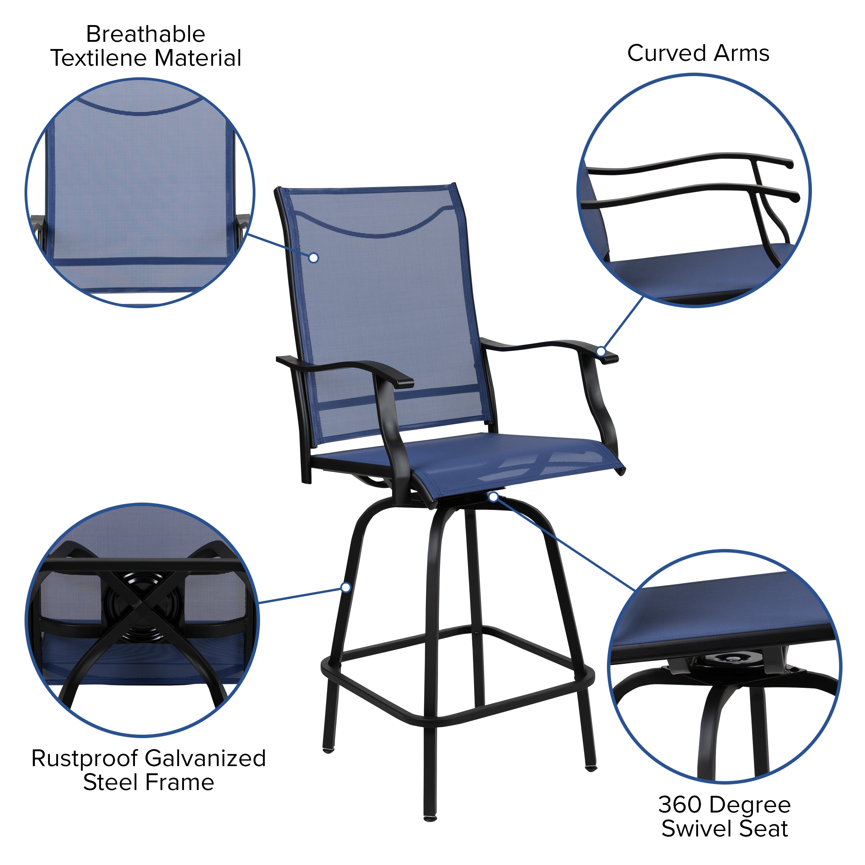 Valerie Patio Bar Height Stools Set of 2, All-Weather Textilene Swivel Patio Stools with High Back & Armrests in Navy