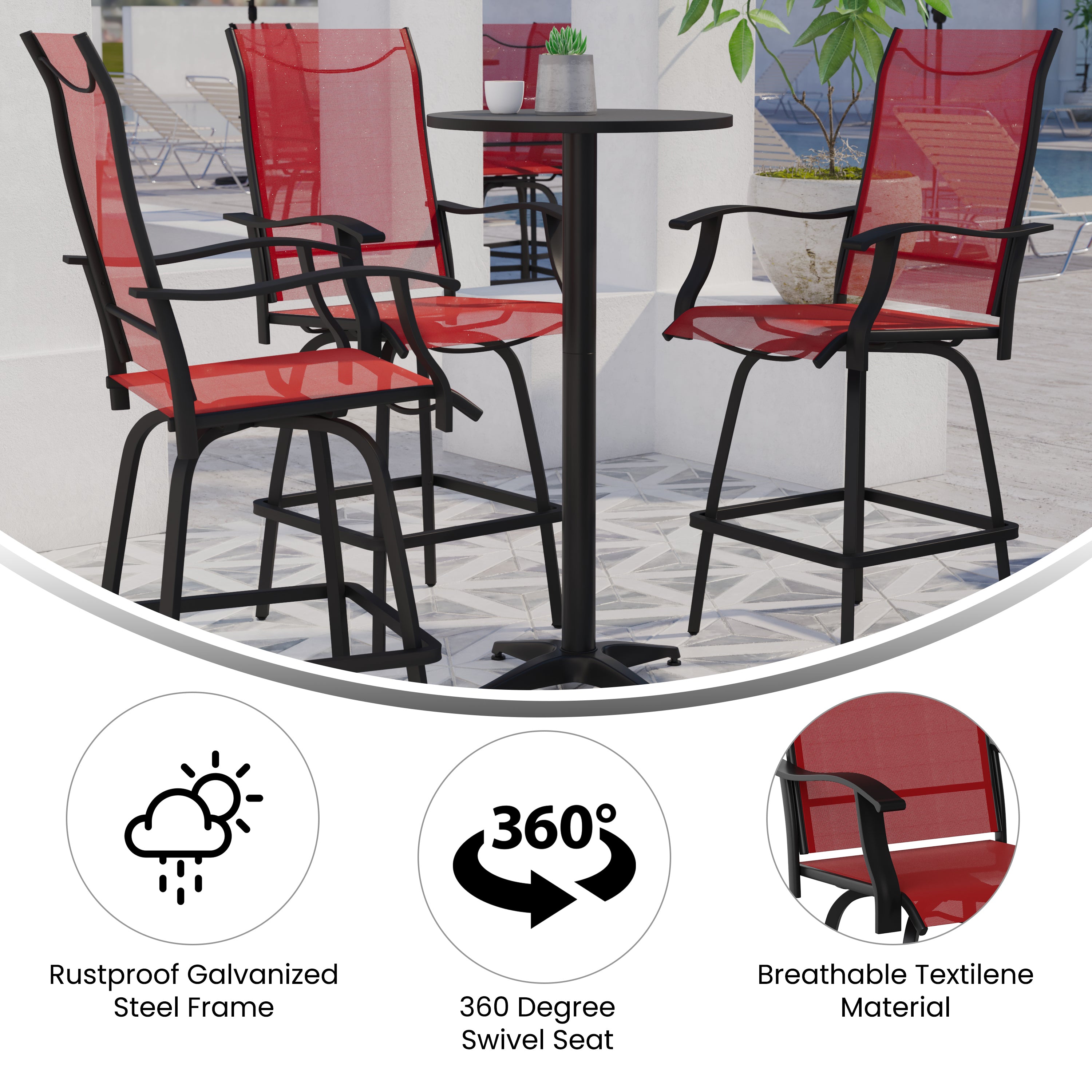Valerie Patio Bar Height Stools Set of 2, All-Weather Textilene Swivel Patio Stools with High Back & Armrests in Red