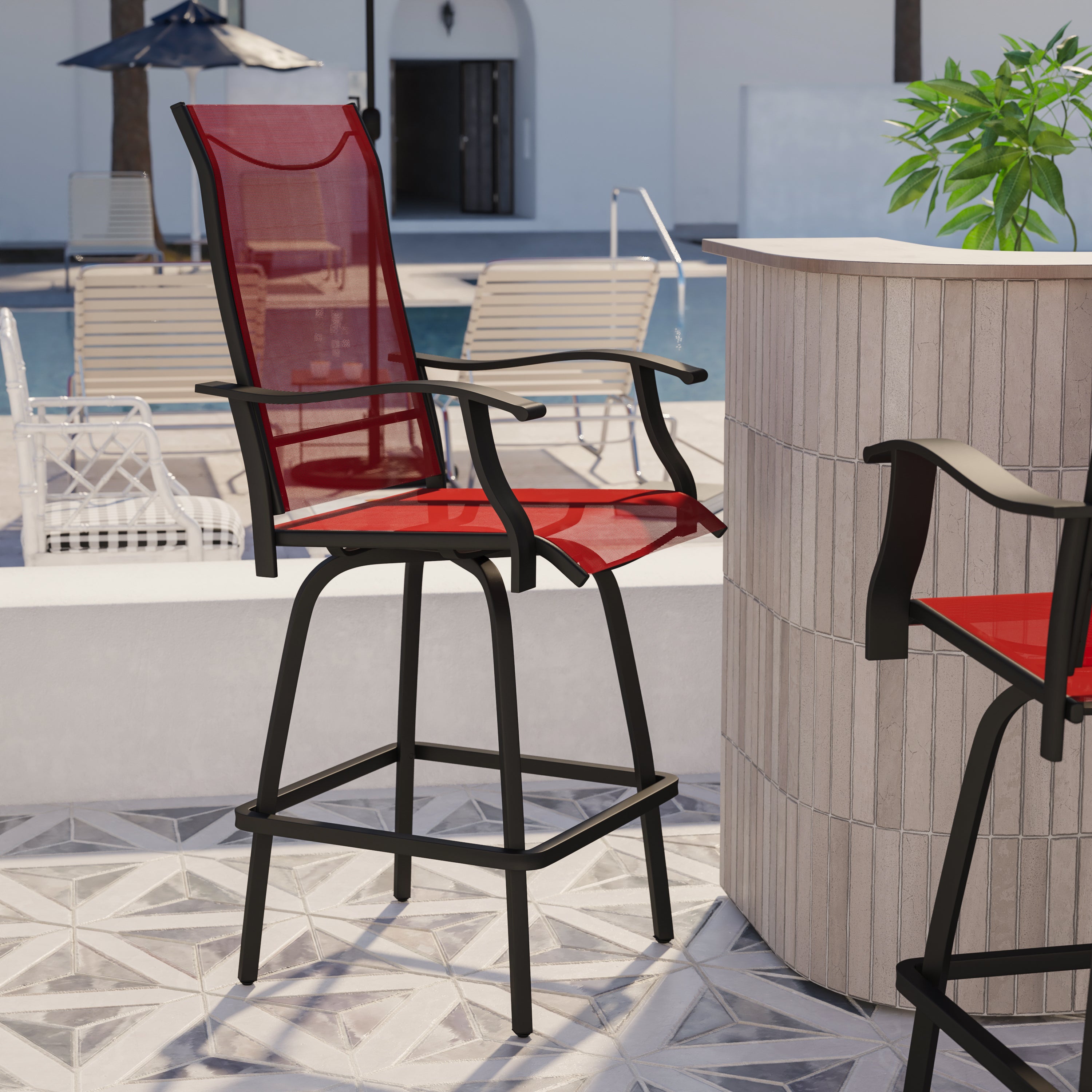 Valerie Patio Bar Height Stools Set of 2, All-Weather Textilene Swivel Patio Stools with High Back & Armrests in Red
