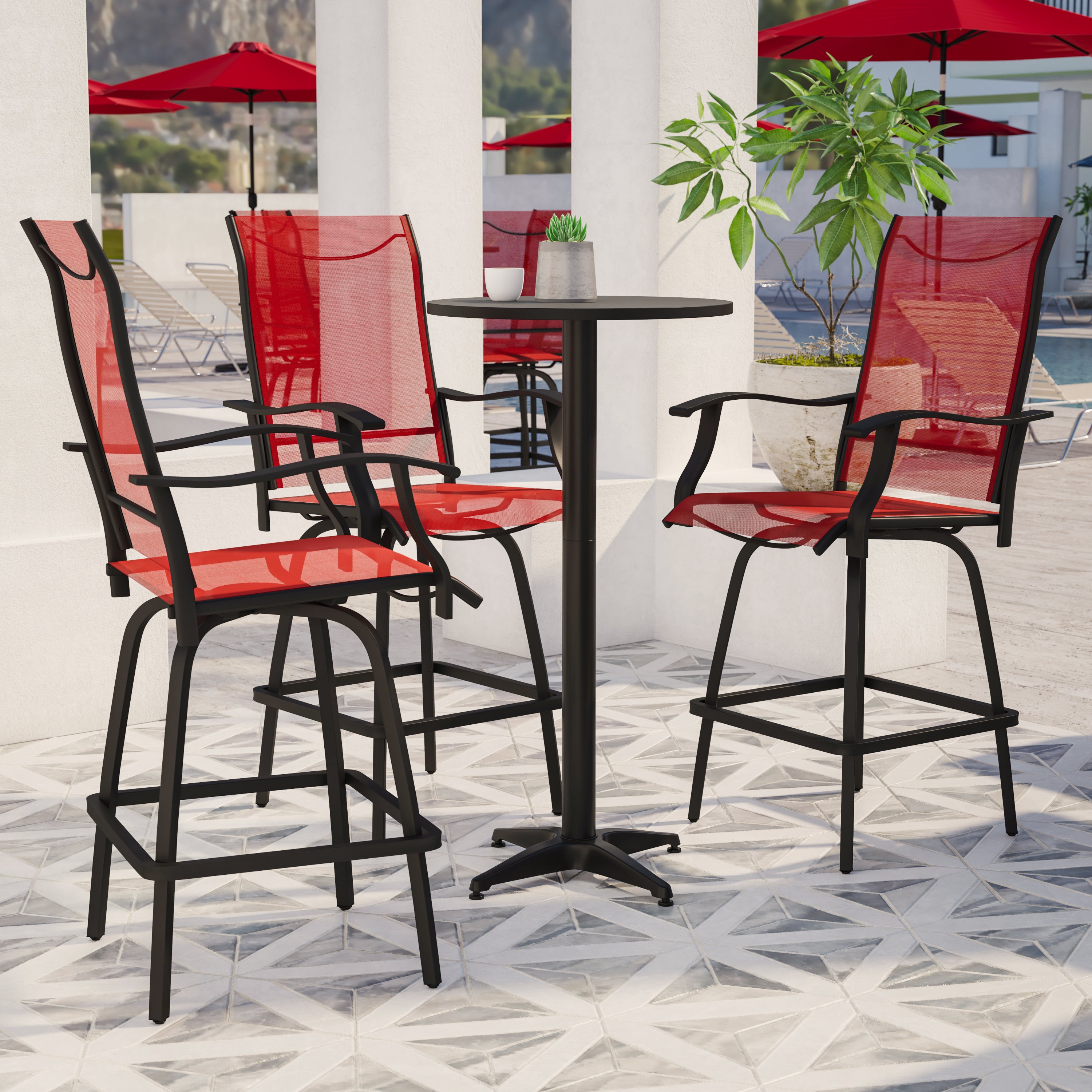 Valerie Patio Bar Height Stools Set of 2, All-Weather Textilene Swivel Patio Stools with High Back & Armrests in Red