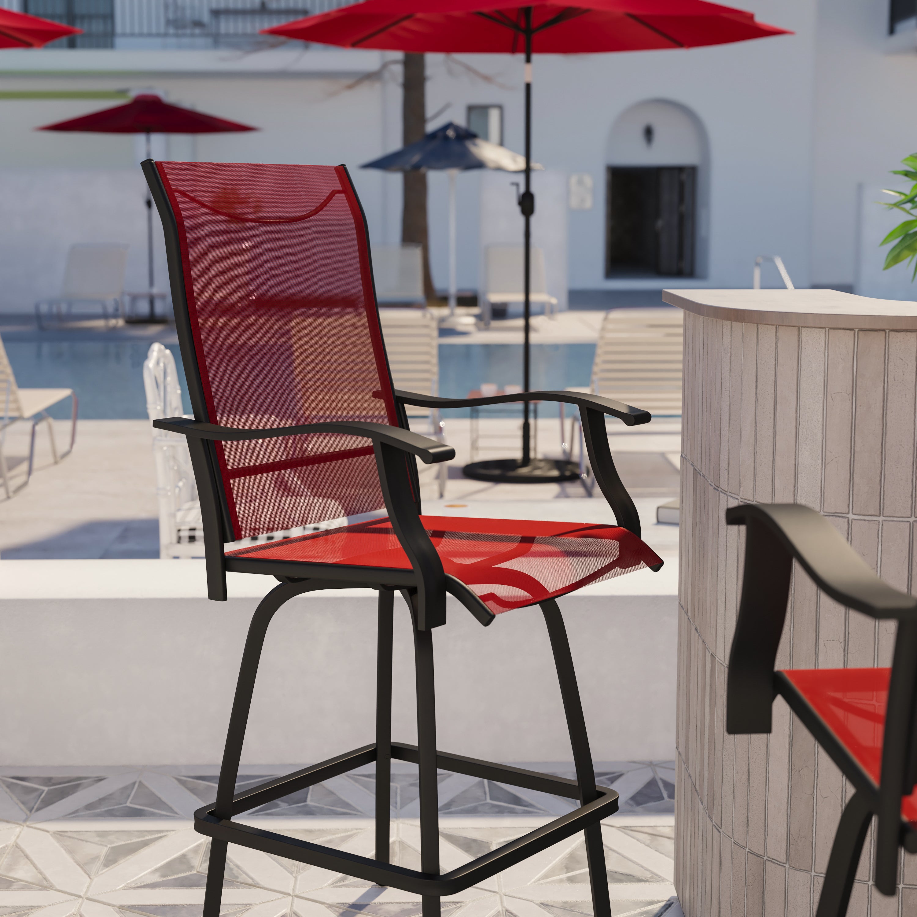 Valerie Patio Bar Height Stools Set of 2, All-Weather Textilene Swivel Patio Stools with High Back & Armrests in Red