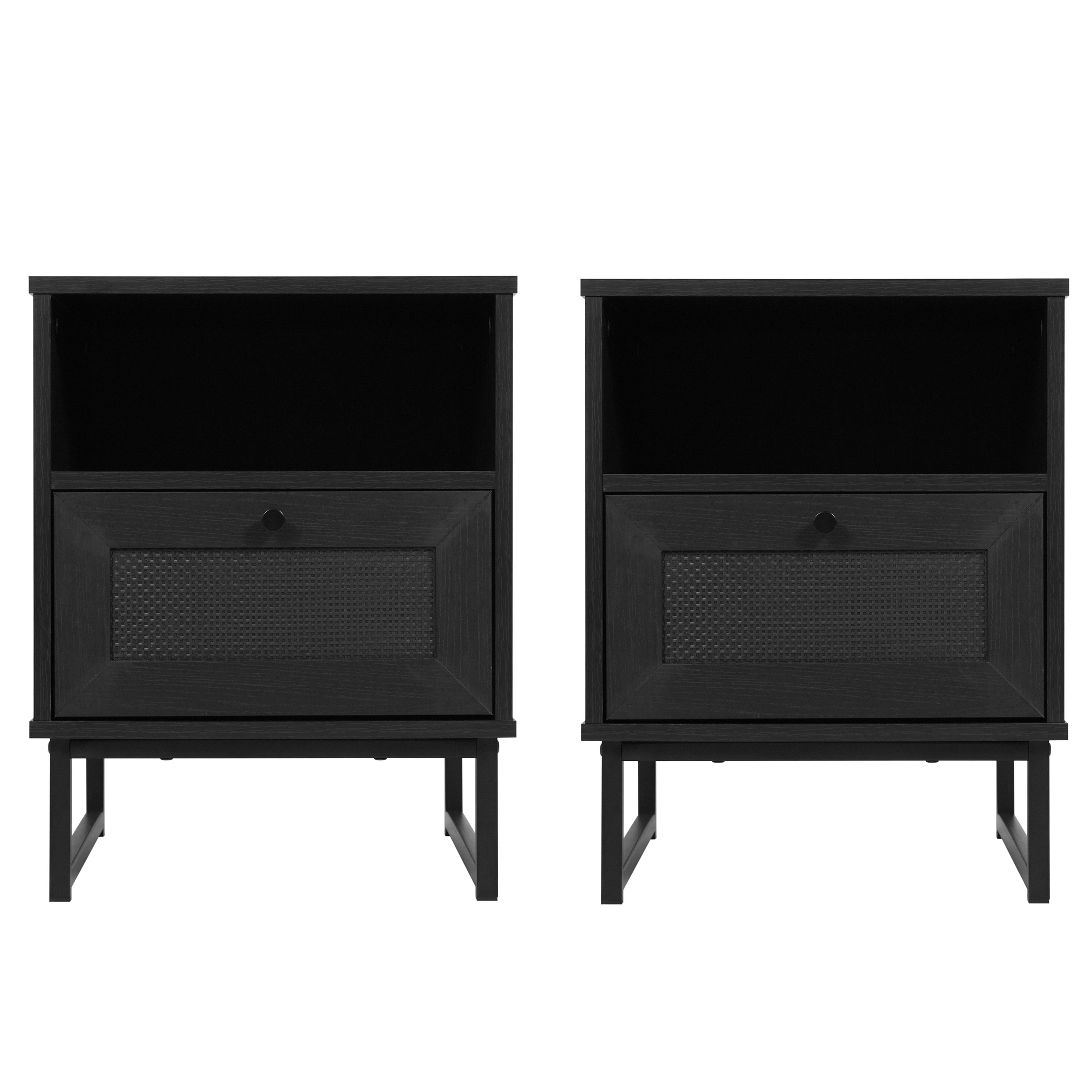 Malaki Set of 2 Mid-Century Modern Nightstands or End Tables with Rattan Accented Drawers, Open Upper Shelves, and Metal Legs in Black