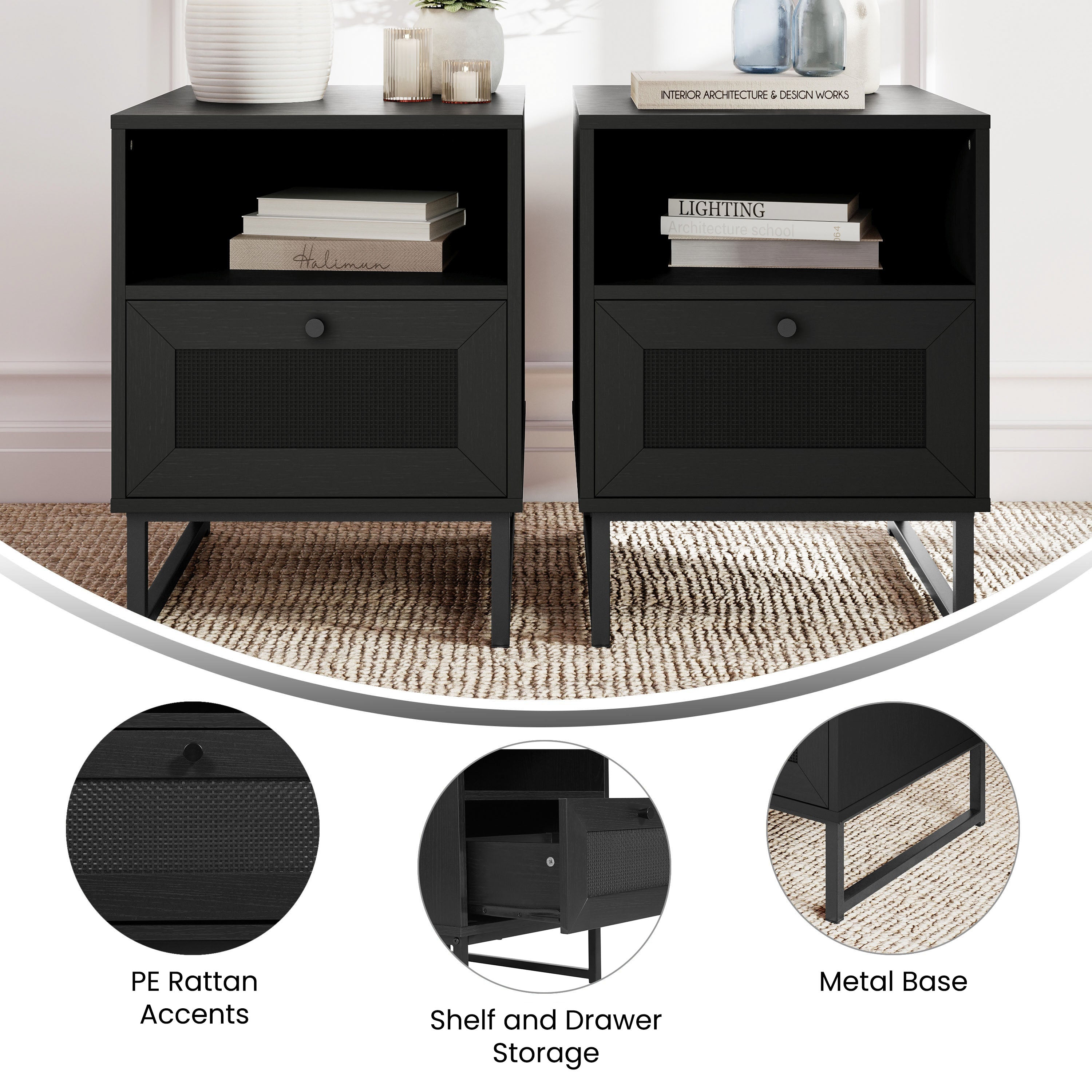 Malaki Set of 2 Mid-Century Modern Nightstands or End Tables with Rattan Accented Drawers, Open Upper Shelves, and Metal Legs in Black