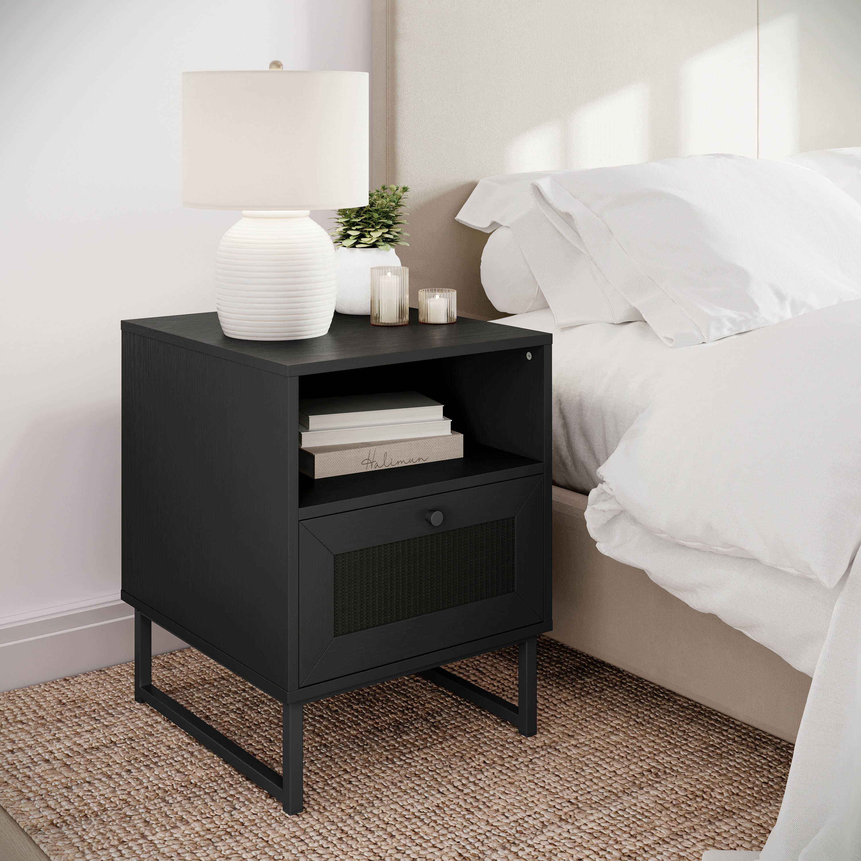 Malaki Set of 2 Mid-Century Modern Nightstands or End Tables with Rattan Accented Drawers, Open Upper Shelves, and Metal Legs in Black