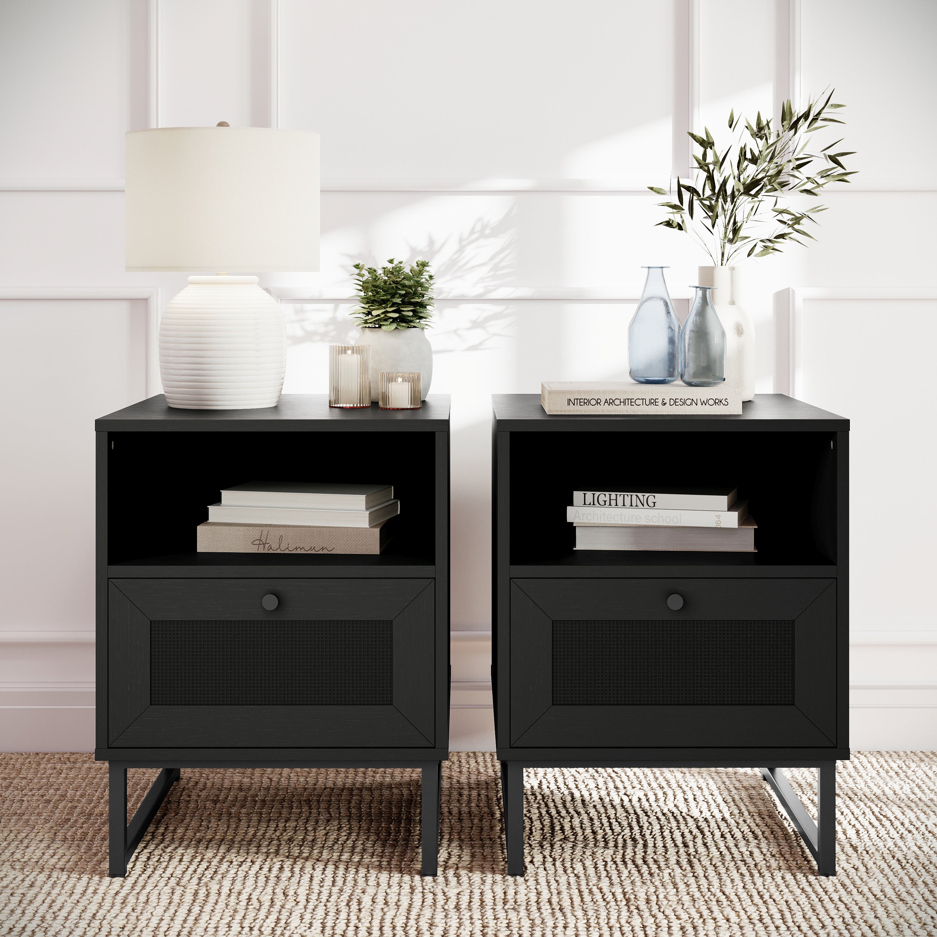 Malaki Set of 2 Mid-Century Modern Nightstands or End Tables with Rattan Accented Drawers, Open Upper Shelves, and Metal Legs in Black