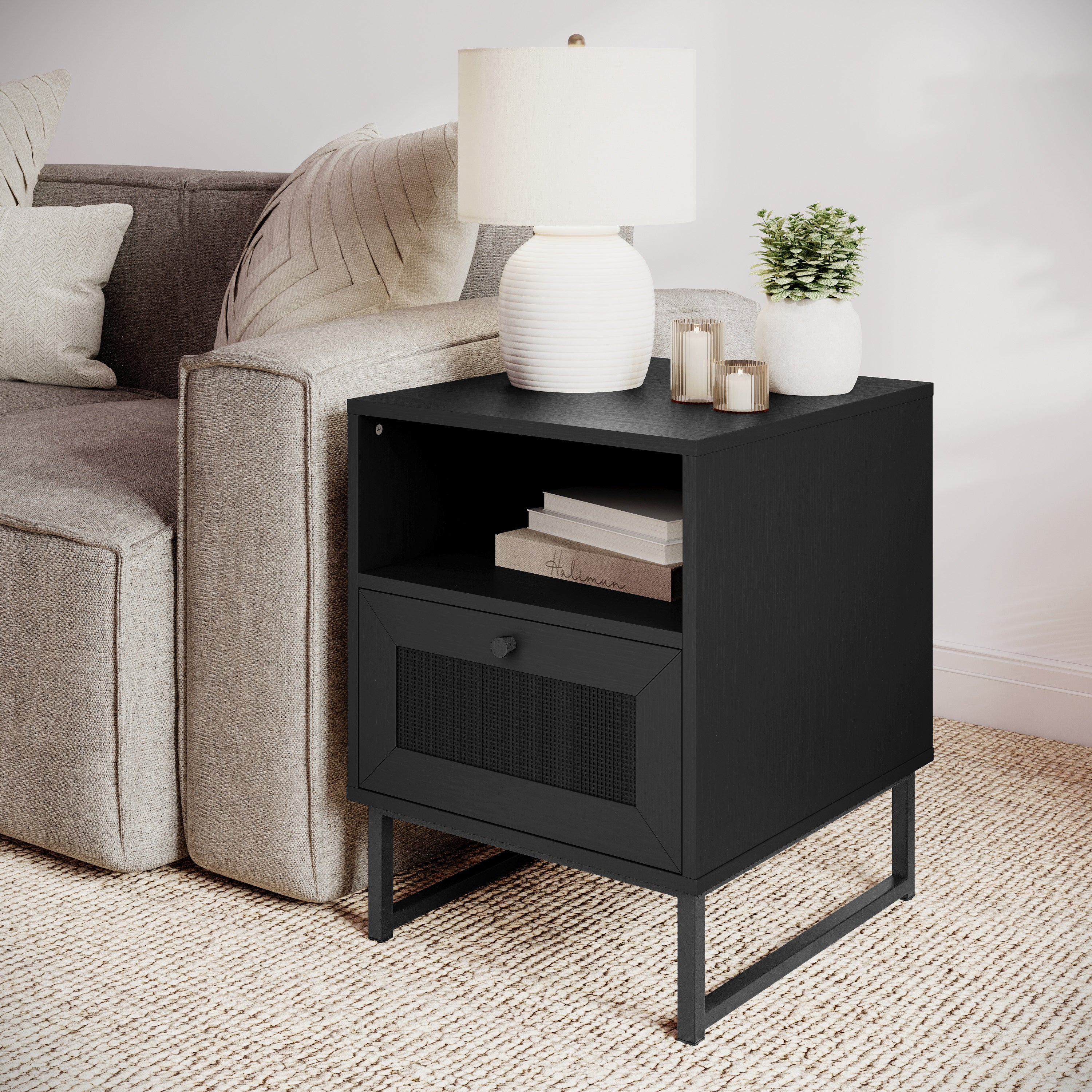 Malaki Set of 2 Mid-Century Modern Nightstands or End Tables with Rattan Accented Drawers, Open Upper Shelves, and Metal Legs in Black