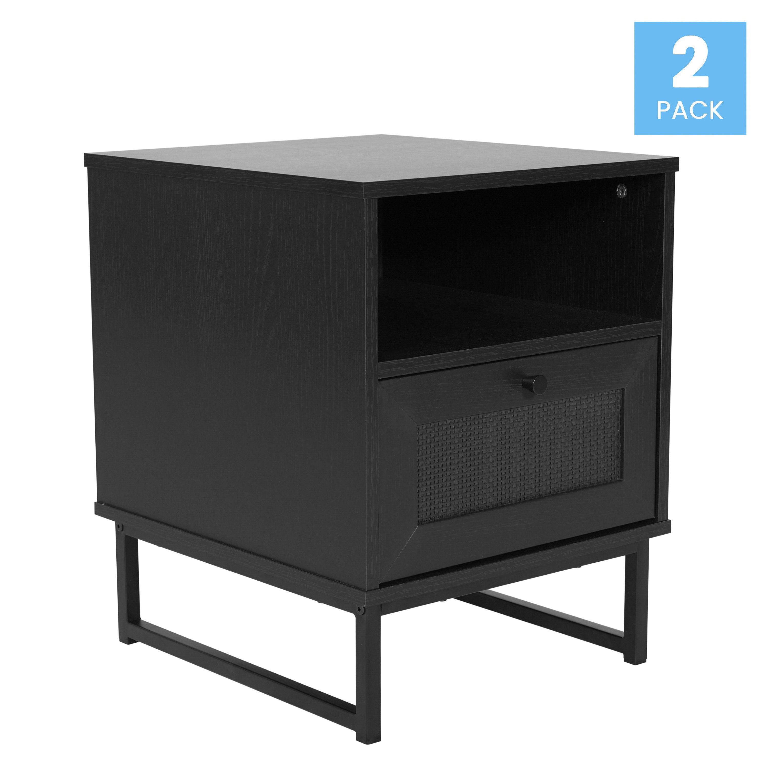 Malaki Set of 2 Mid-Century Modern Nightstands or End Tables with Rattan Accented Drawers, Open Upper Shelves, and Metal Legs in Black
