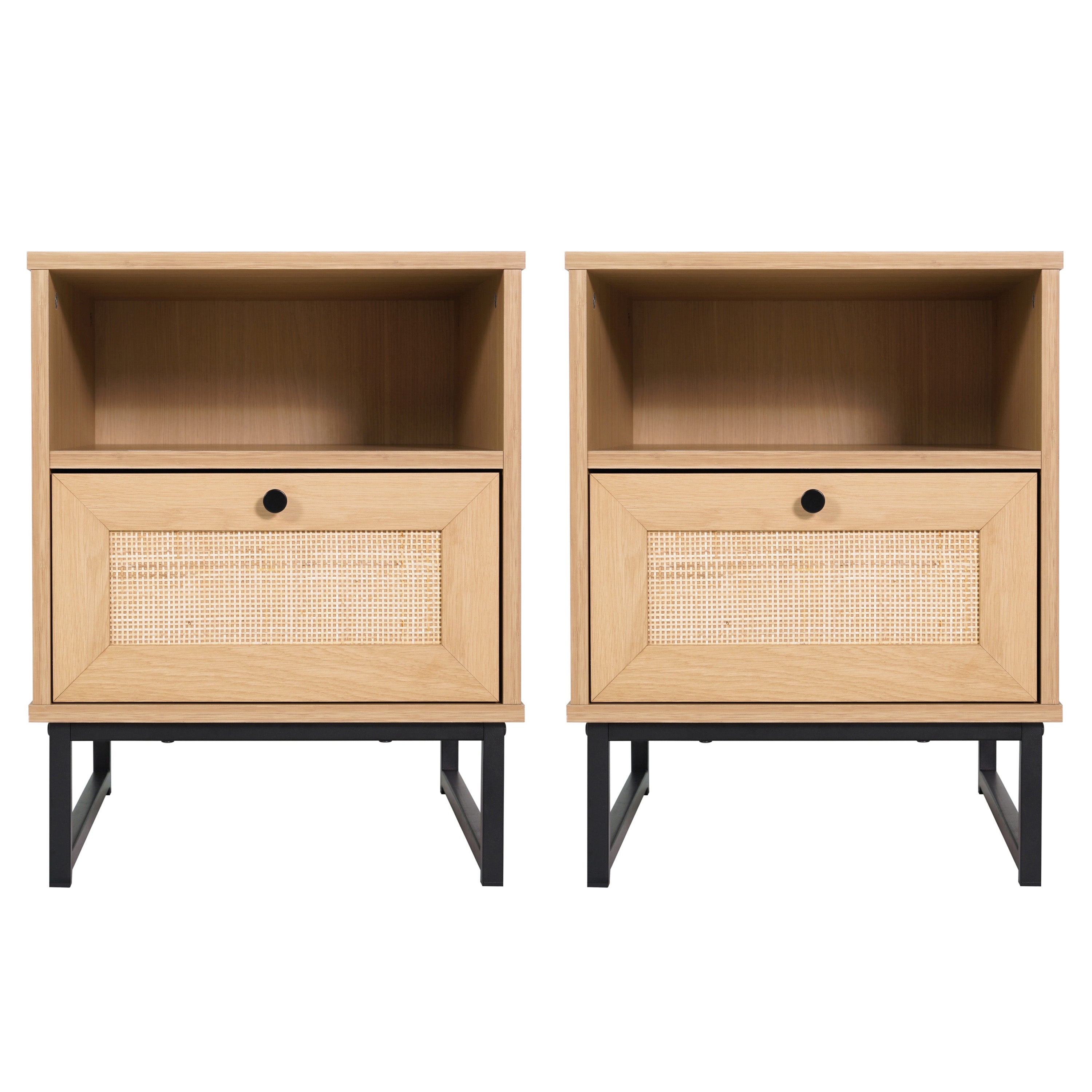 Malaki Set of 2 Mid-Century Modern Nightstands or End Tables with Rattan Accented Drawers, Open Upper Shelves, and Metal Legs in Natural