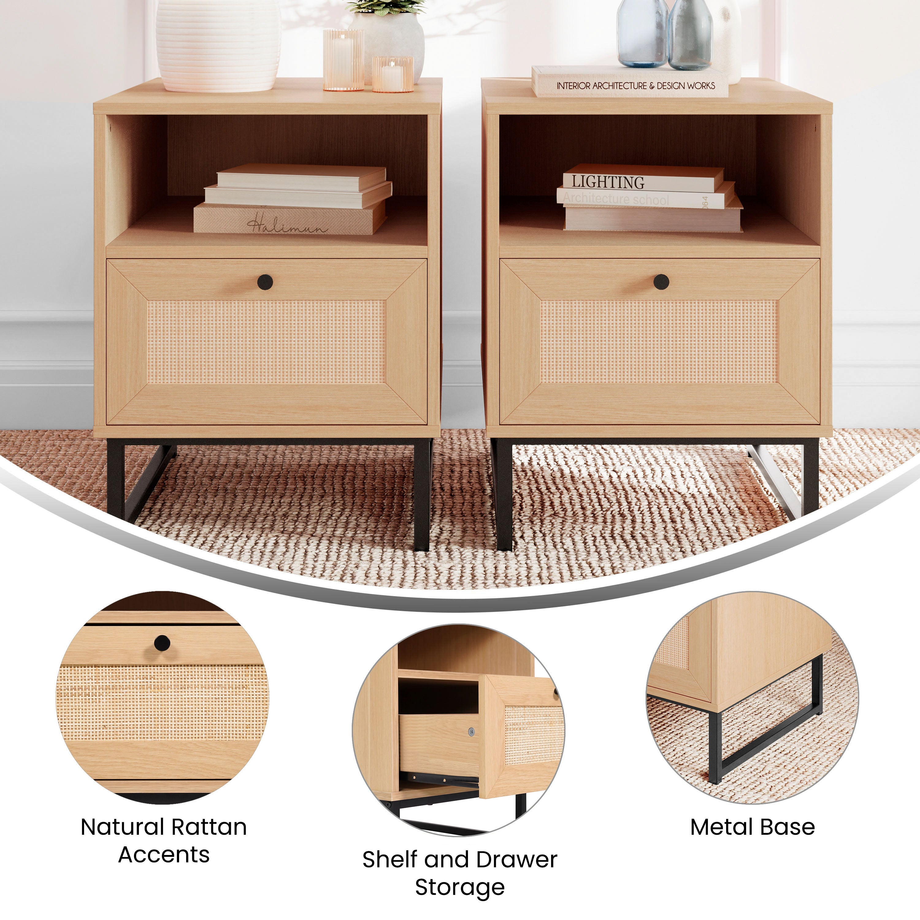 Malaki Set of 2 Mid-Century Modern Nightstands or End Tables with Rattan Accented Drawers, Open Upper Shelves, and Metal Legs in Natural