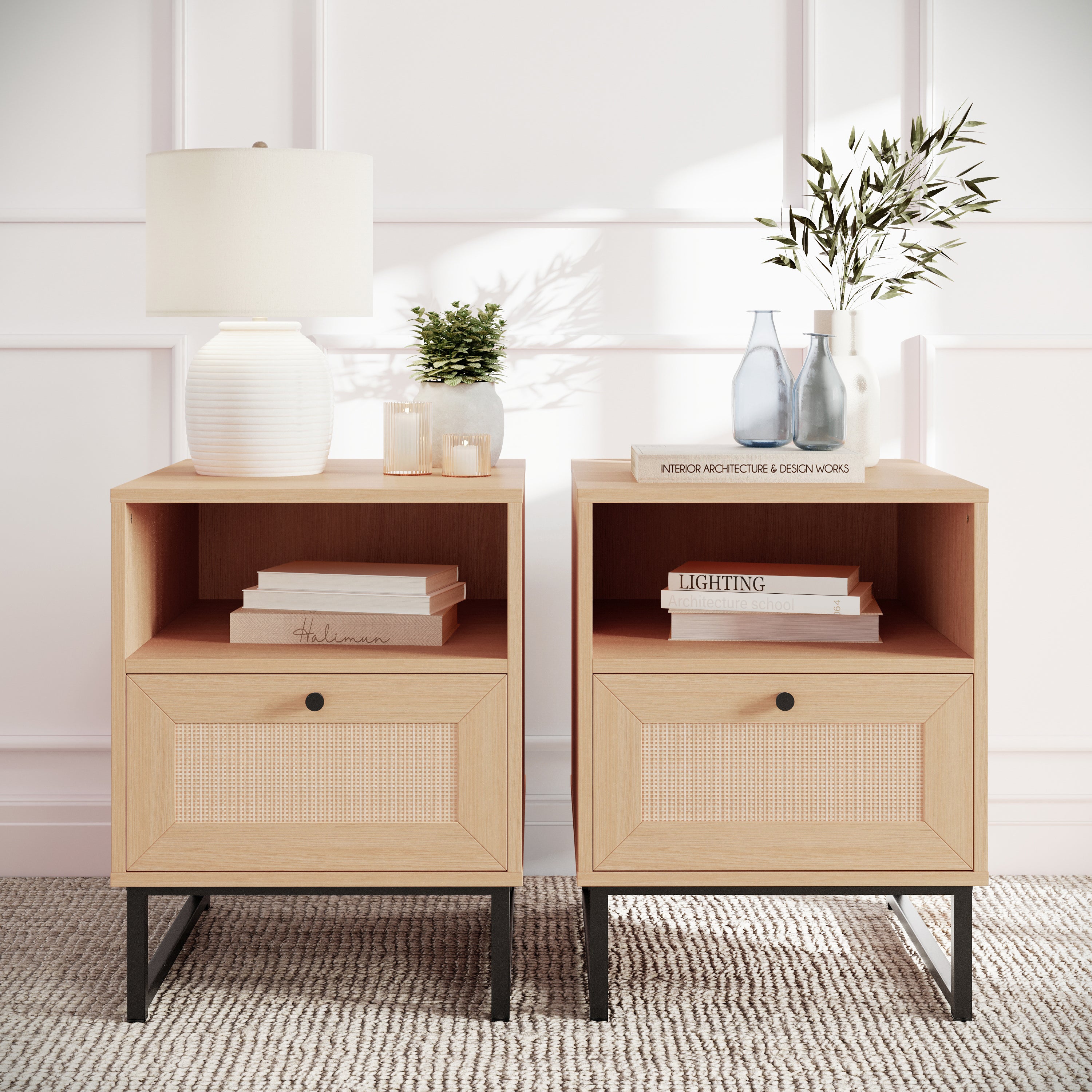 Malaki Set of 2 Mid-Century Modern Nightstands or End Tables with Rattan Accented Drawers, Open Upper Shelves, and Metal Legs in Natural