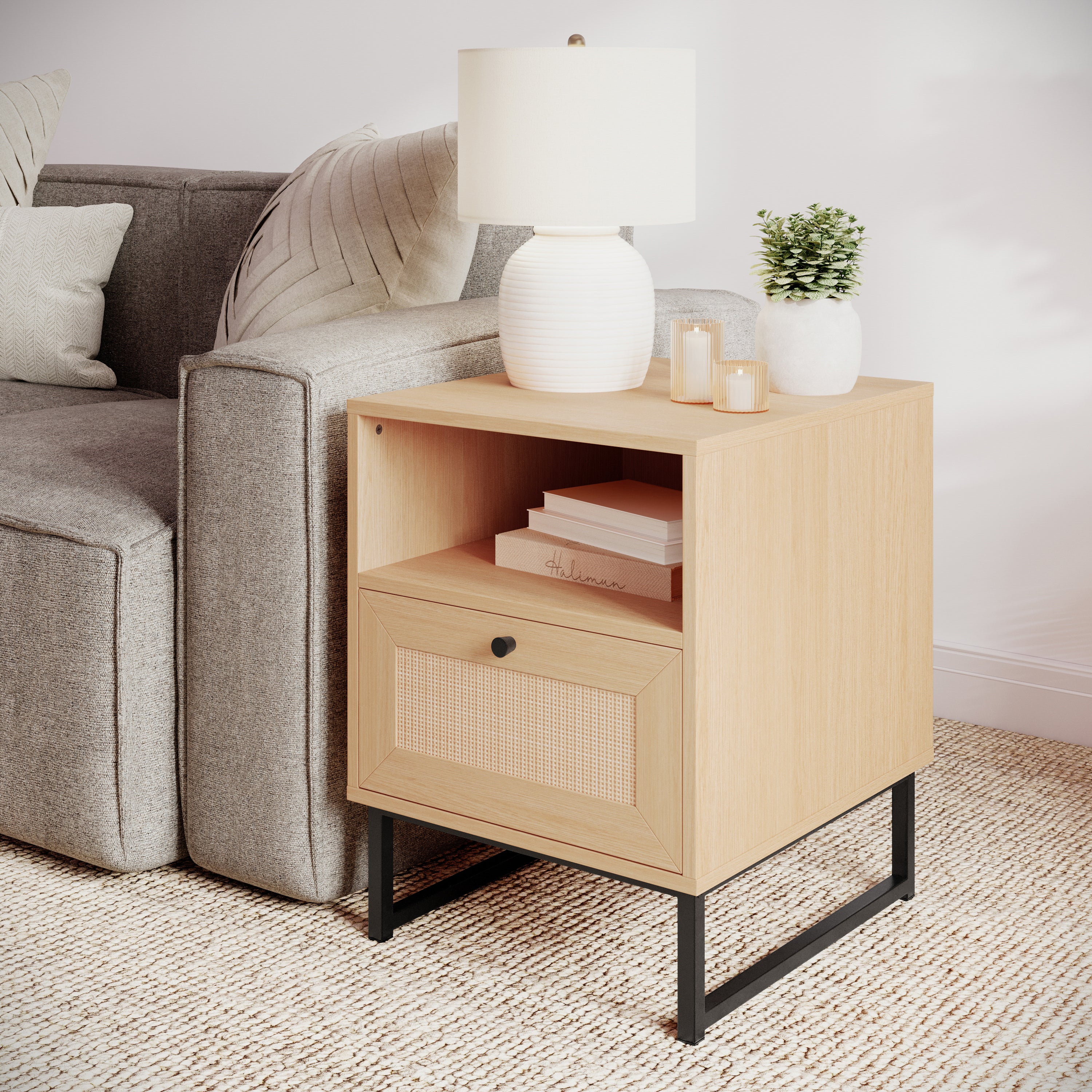Malaki Set of 2 Mid-Century Modern Nightstands or End Tables with Rattan Accented Drawers, Open Upper Shelves, and Metal Legs in Natural