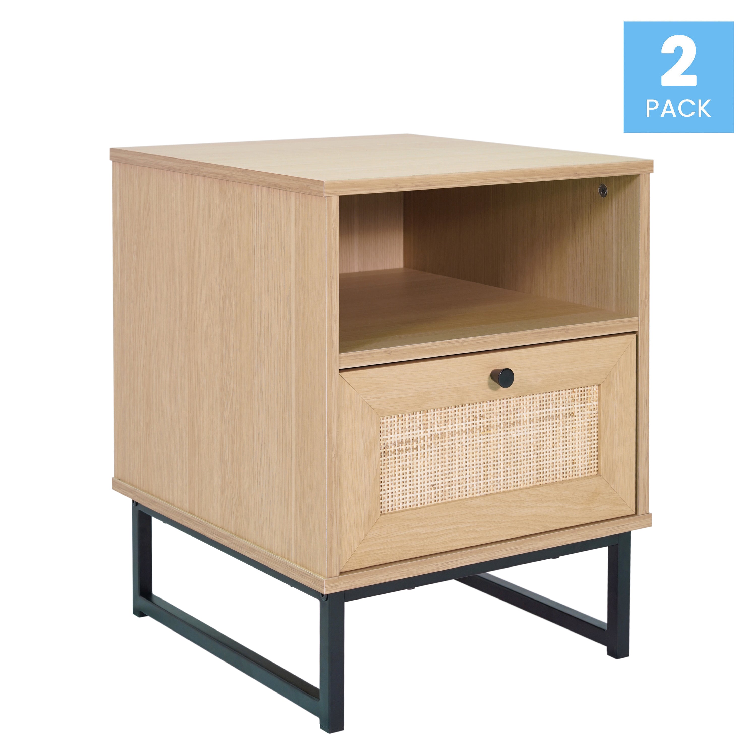 Malaki Set of 2 Mid-Century Modern Nightstands or End Tables with Rattan Accented Drawers, Open Upper Shelves, and Metal Legs in Natural