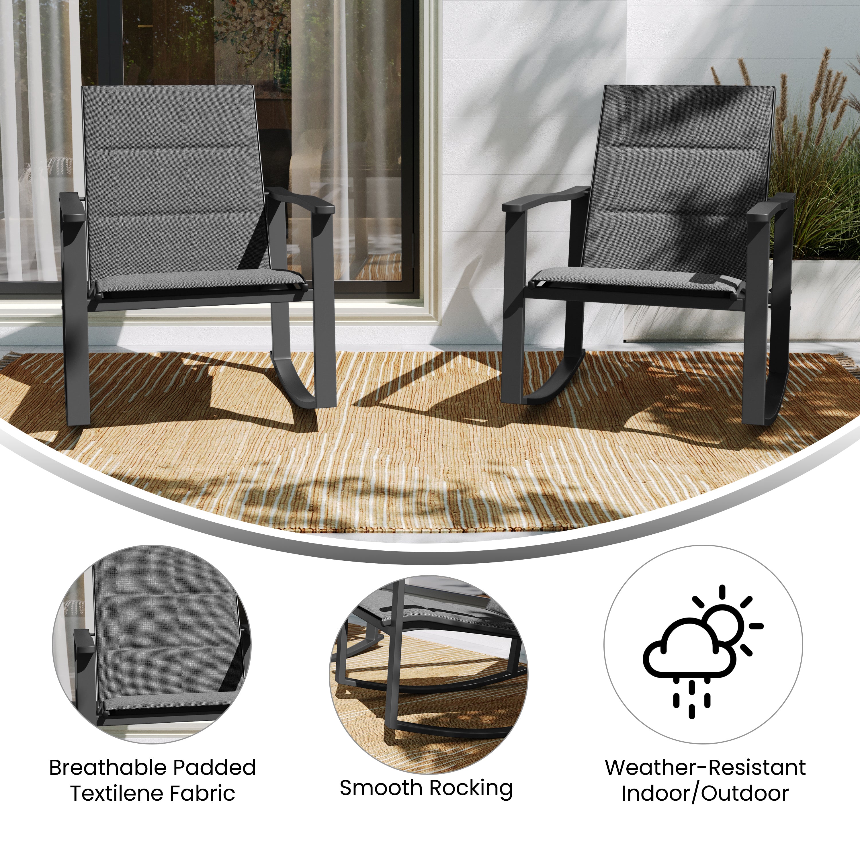 Brazos Set of 2 Black Outdoor Rocking Chairs with Flex Comfort Material and Black Steel Frames