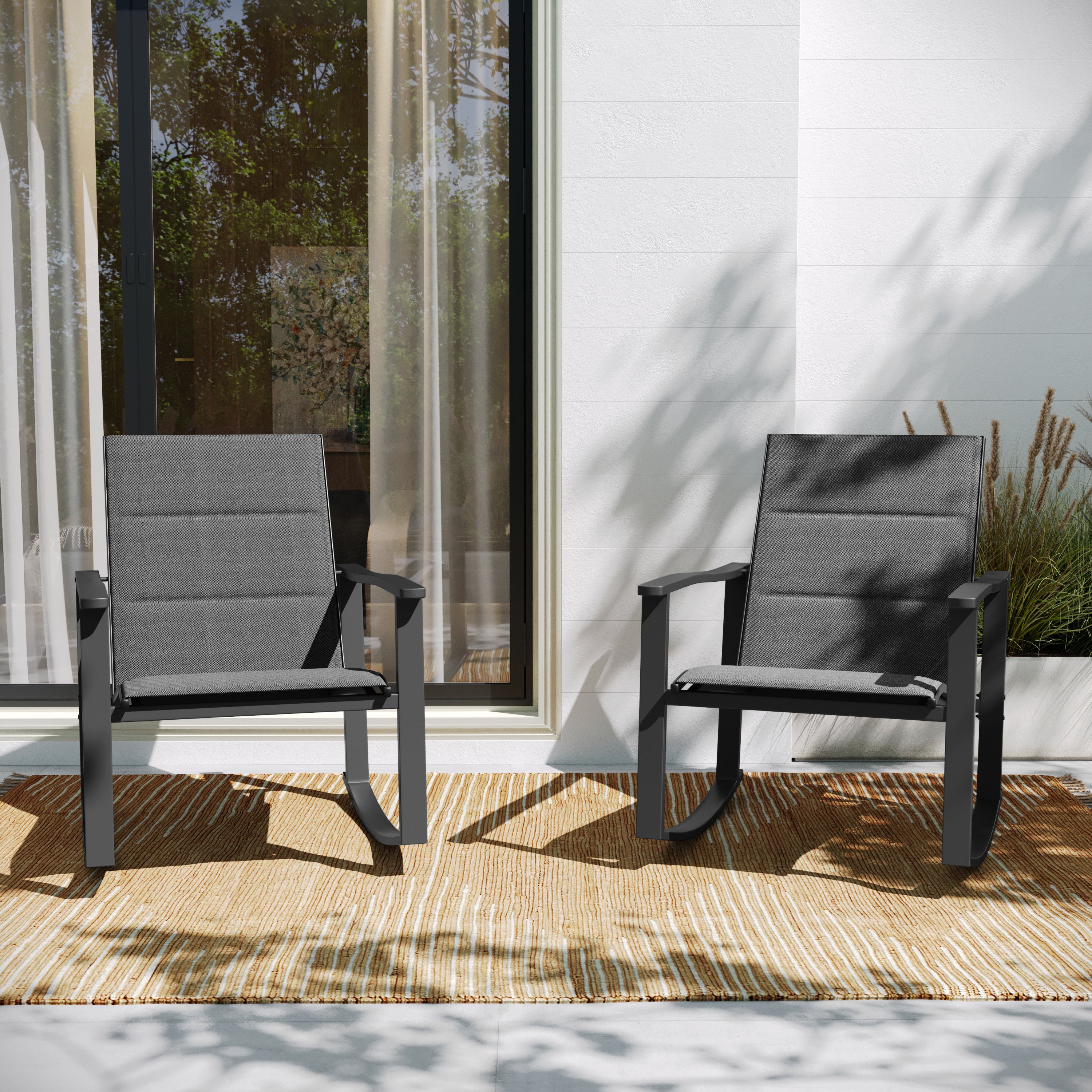 Brazos Set of 2 Black Outdoor Rocking Chairs with Flex Comfort Material and Black Steel Frames