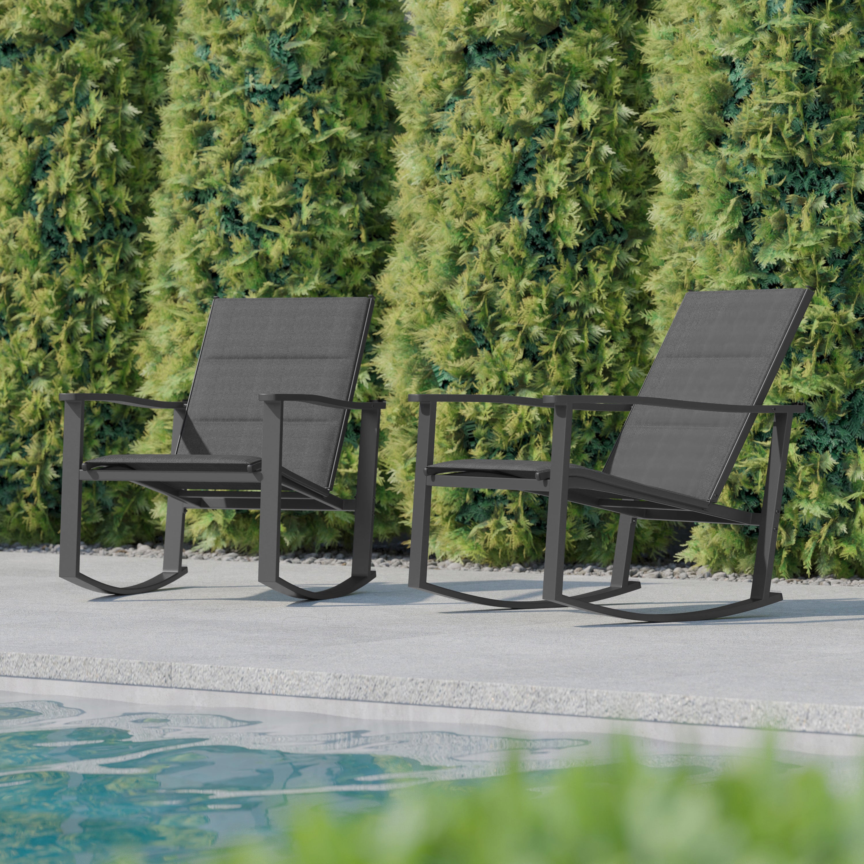 Brazos Set of 2 Black Outdoor Rocking Chairs with Flex Comfort Material and Black Steel Frames