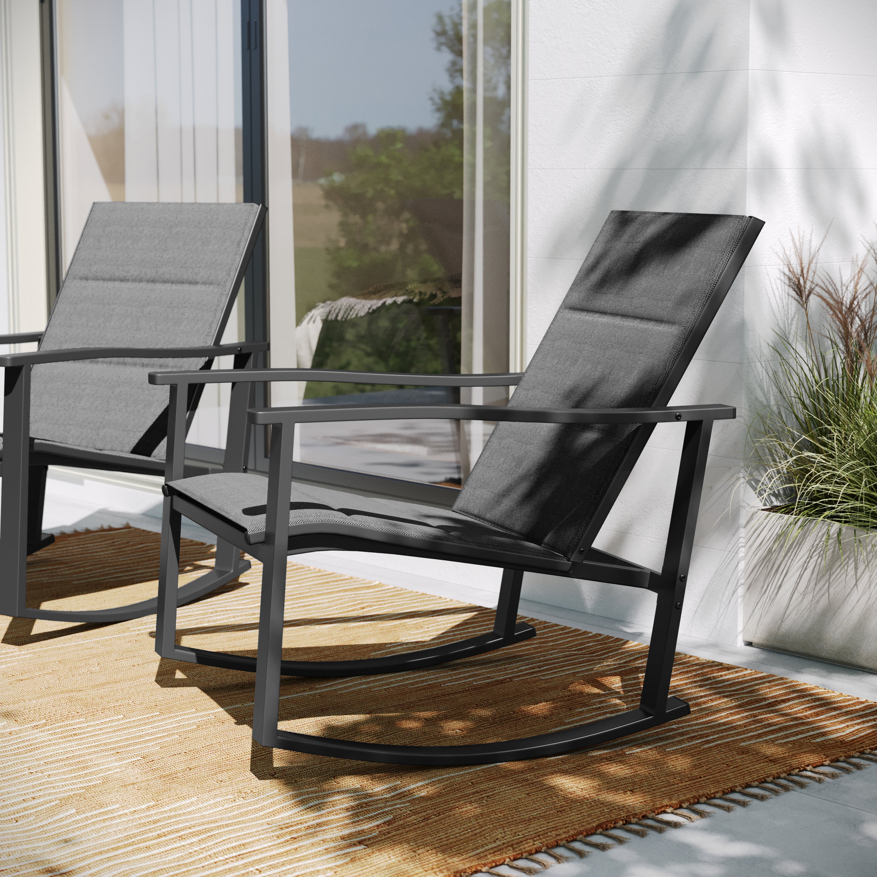 Brazos Set of 2 Black Outdoor Rocking Chairs with Flex Comfort Material and Black Steel Frames